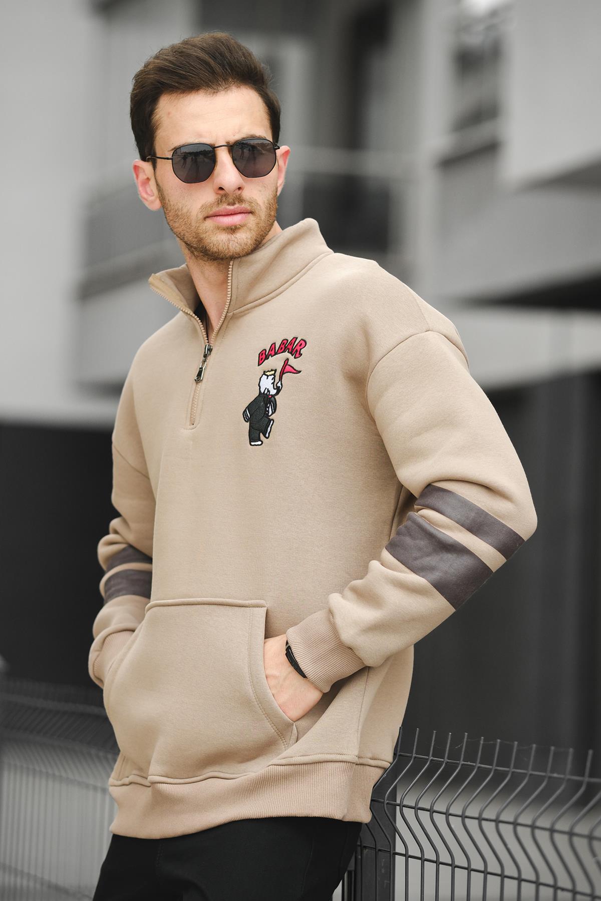 Babar Üç İplik Şardonlu Nakışlı Fermuarlı Dik Yaka Oversize Erkek Sweatshirt