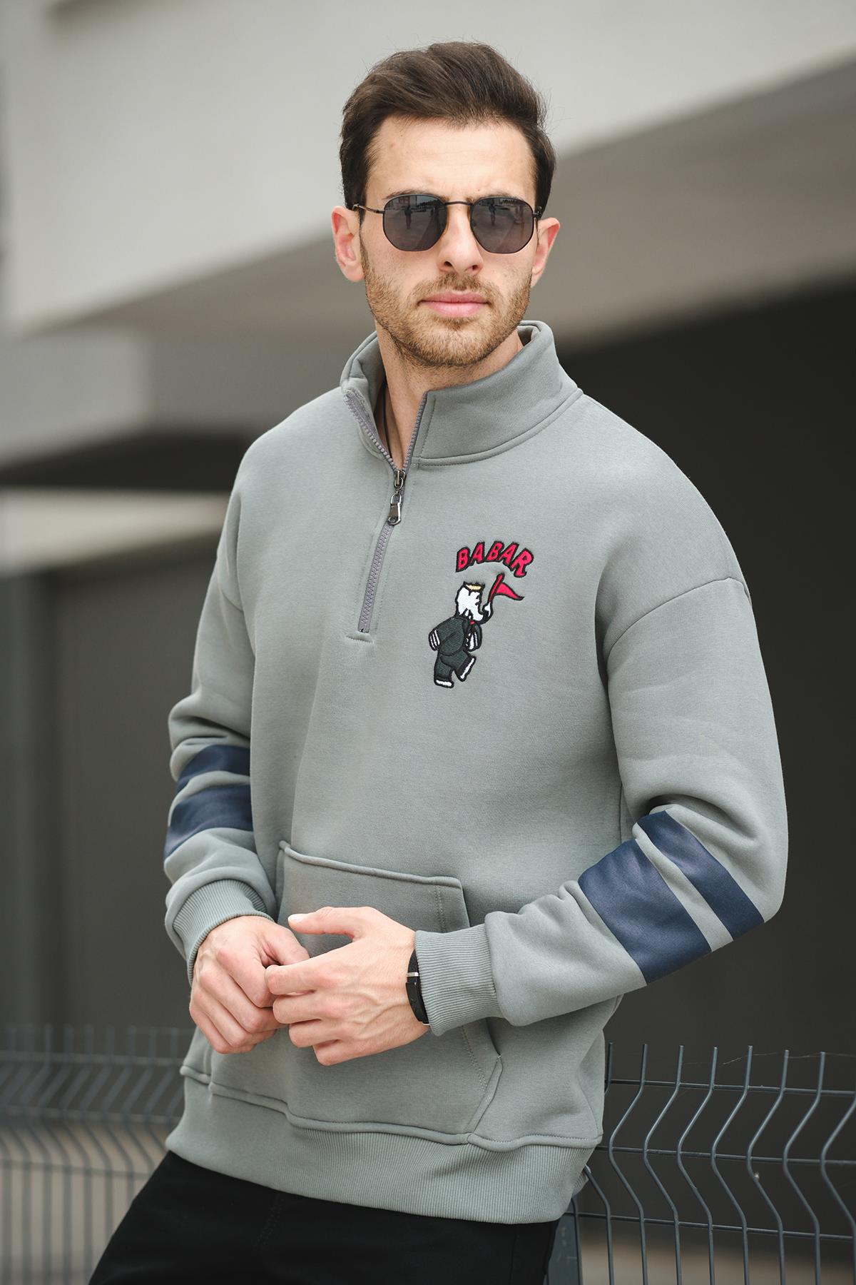 Babar Üç İplik Şardonlu Nakışlı Fermuarlı Dik Yaka Oversize Erkek Sweatshirt