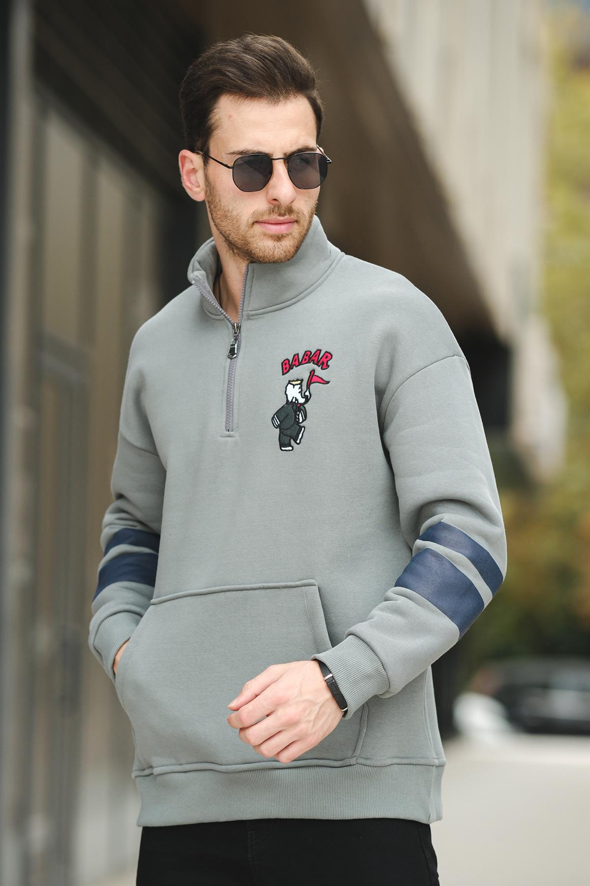 Babar Üç İplik Şardonlu Nakışlı Fermuarlı Dik Yaka Oversize Erkek Sweatshirt