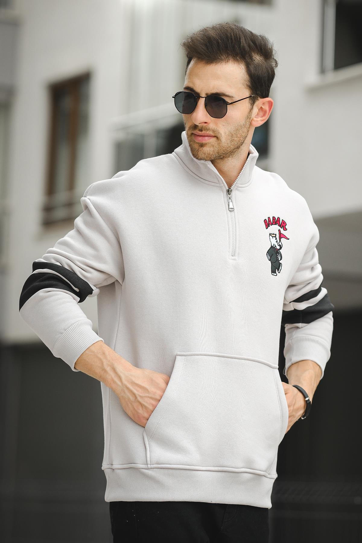 Babar Üç İplik Şardonlu Nakışlı Fermuarlı Dik Yaka Oversize Erkek Sweatshirt