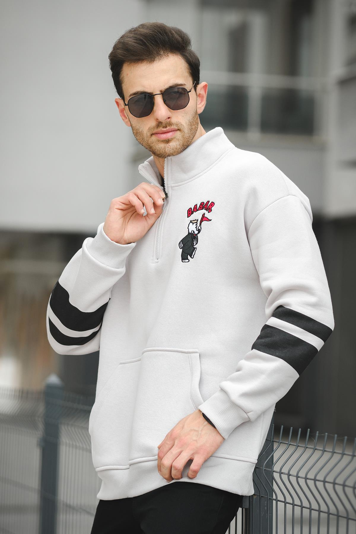 Babar Üç İplik Şardonlu Nakışlı Fermuarlı Dik Yaka Oversize Erkek Sweatshirt