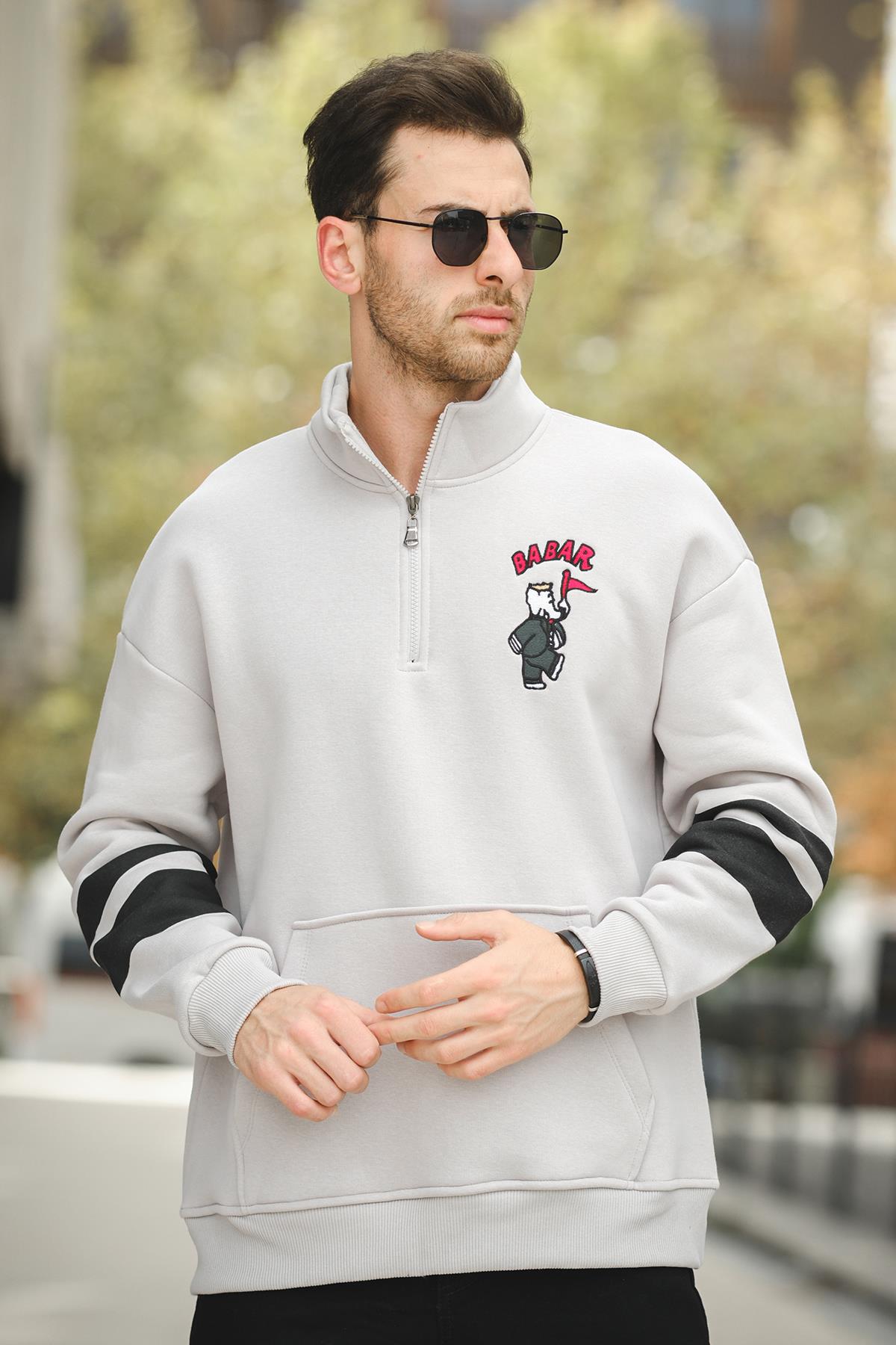 Babar Üç İplik Şardonlu Nakışlı Fermuarlı Dik Yaka Oversize Erkek Sweatshirt