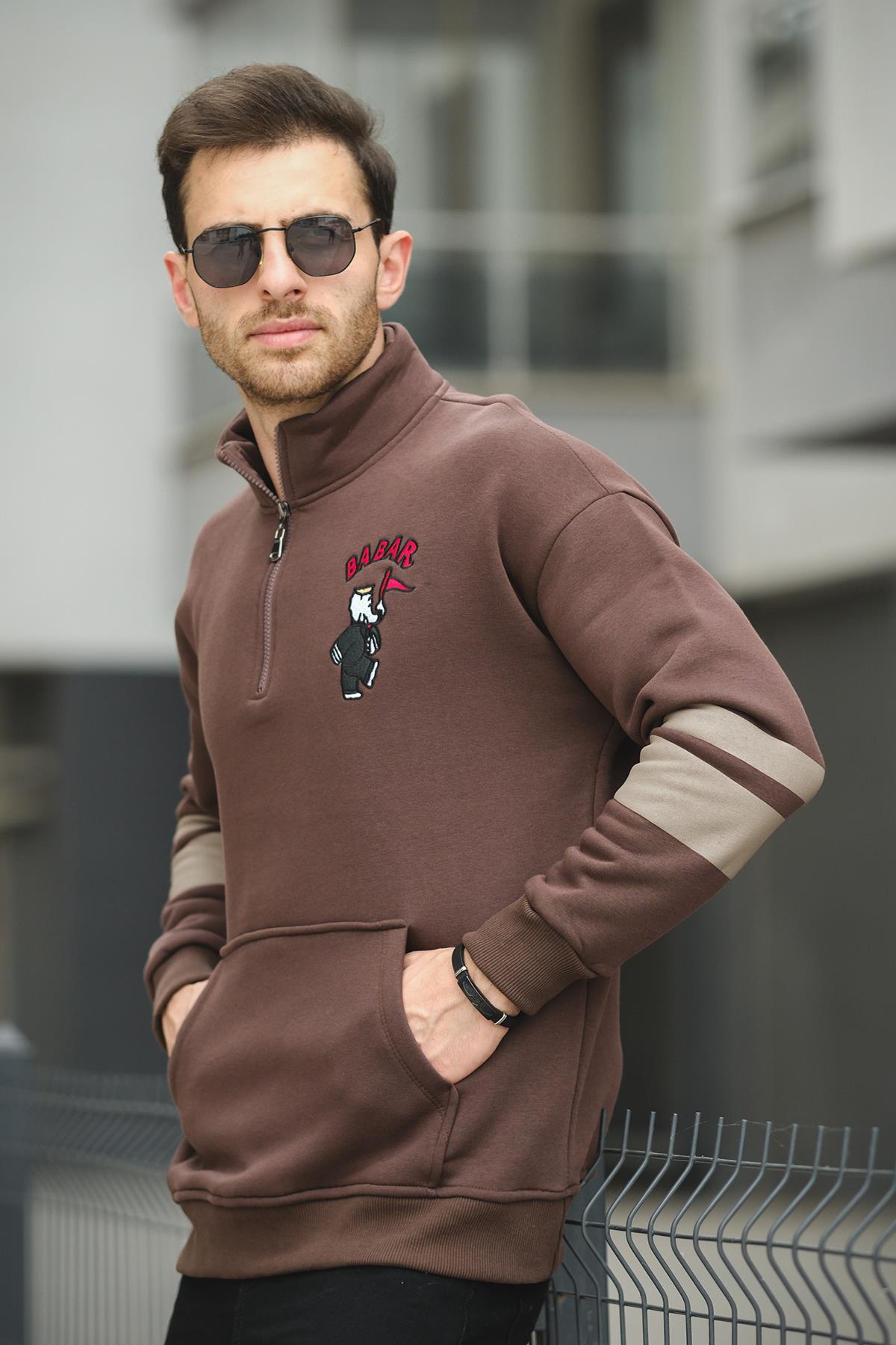 Babar Üç İplik Şardonlu Nakışlı Fermuarlı Dik Yaka Oversize Erkek Sweatshirt