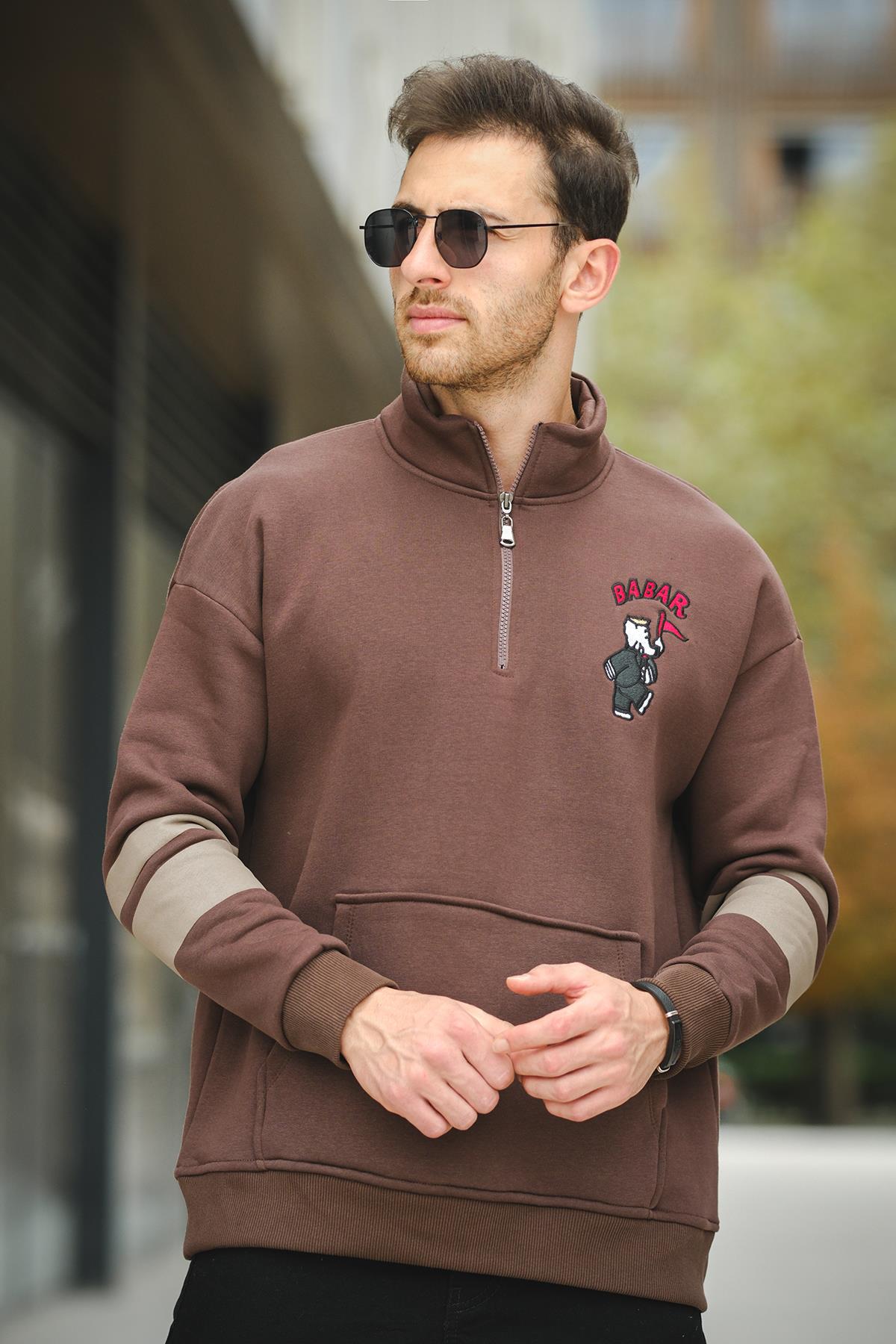 Babar Üç İplik Şardonlu Nakışlı Fermuarlı Dik Yaka Oversize Erkek Sweatshirt