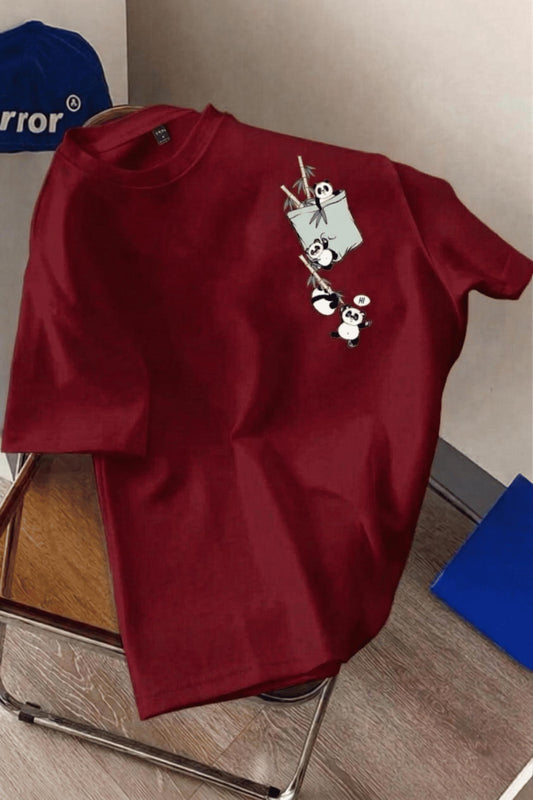 Bambu Panda Grafikli Cep Detaylı Kısa Kollu Oversize Unisex Bisiklet Yaka Tişört