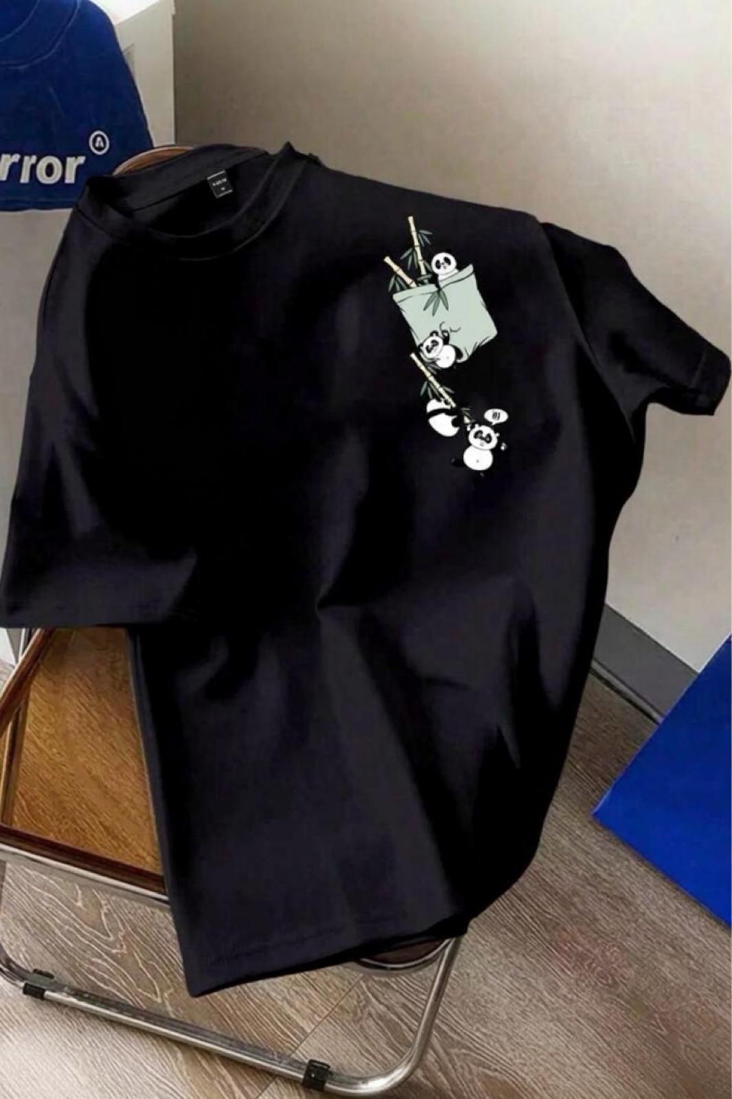 Bambu Panda Grafikli Cep Detaylı Kısa Kollu Oversize Unisex Bisiklet Yaka Tişört