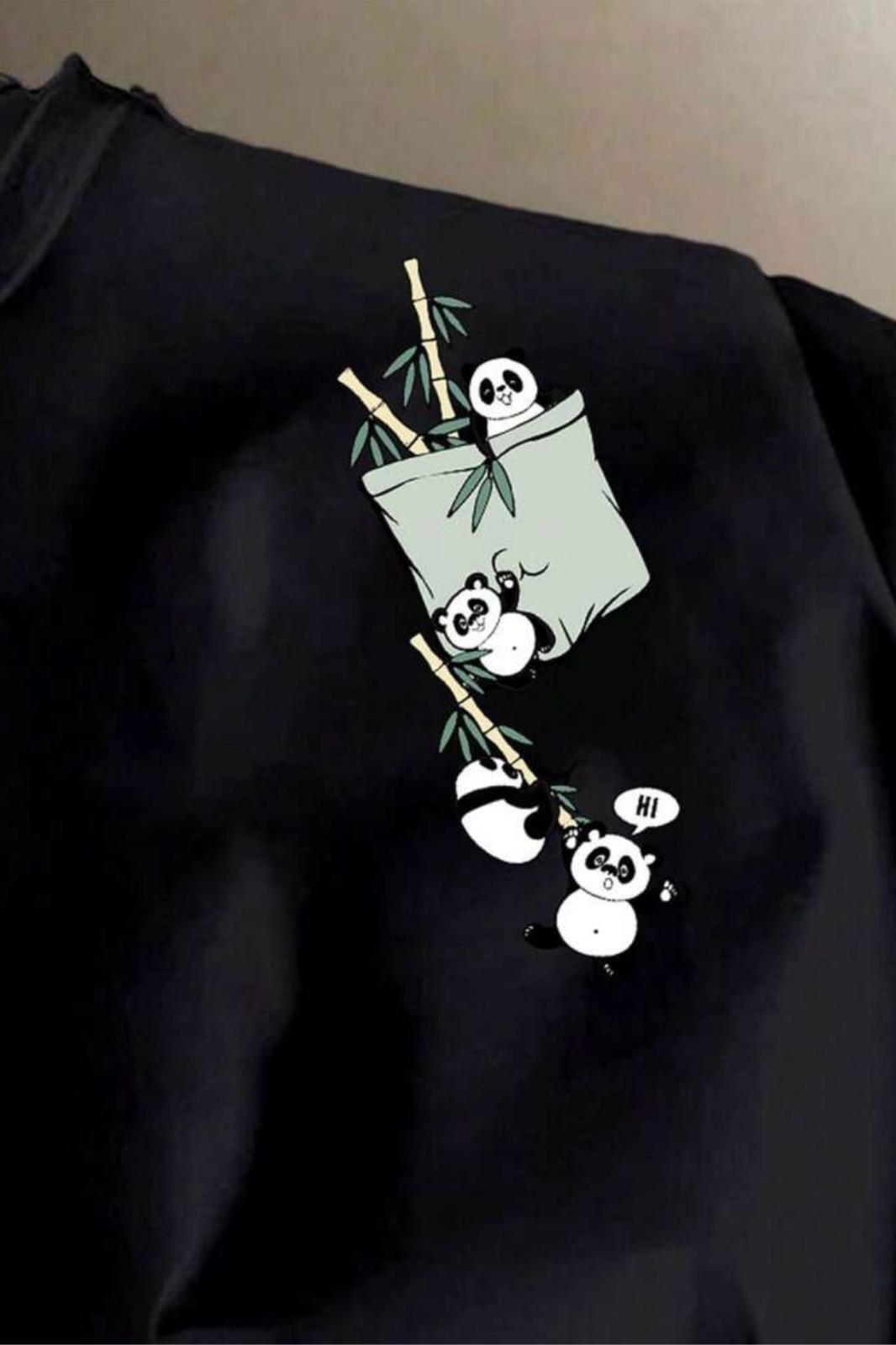 Bambu Panda Grafikli Cep Detaylı Kısa Kollu Oversize Unisex Bisiklet Yaka Tişört