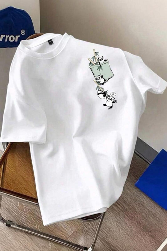 Bambu Panda Grafikli Cep Detaylı Kısa Kollu Oversize Unisex Bisiklet Yaka Tişört