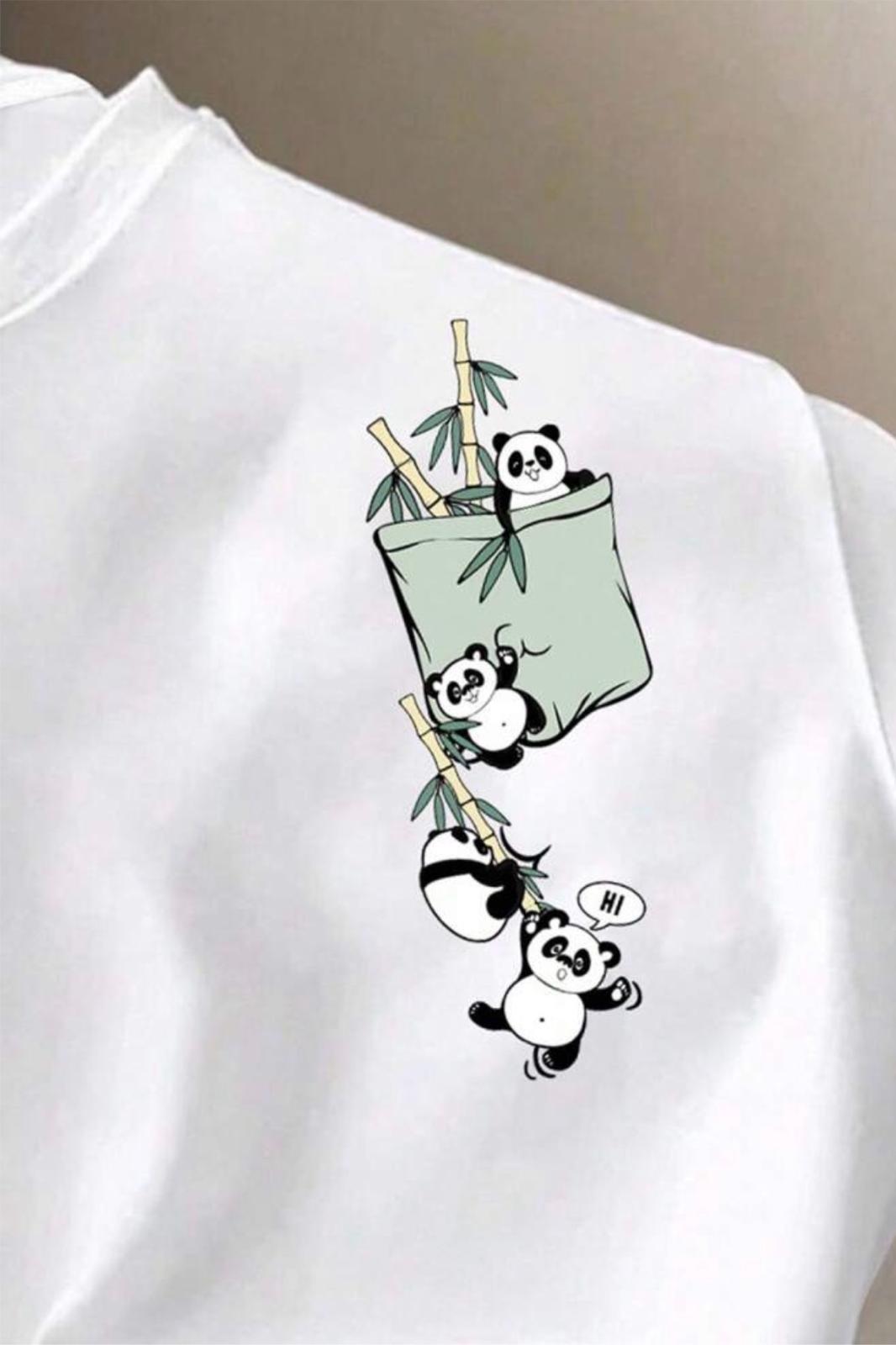 Bambu Panda Grafikli Cep Detaylı Kısa Kollu Oversize Unisex Bisiklet Yaka Tişört