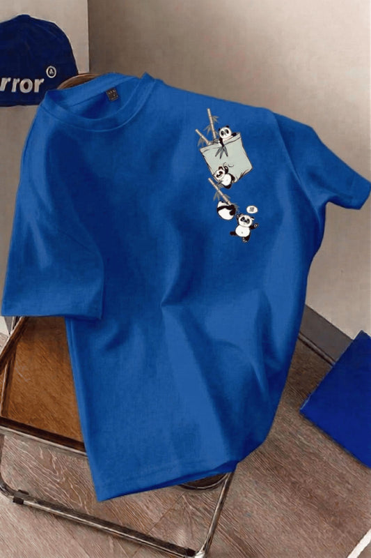 Bambu Panda Grafikli Cep Detaylı Kısa Kollu Oversize Unisex Bisiklet Yaka Tişört
