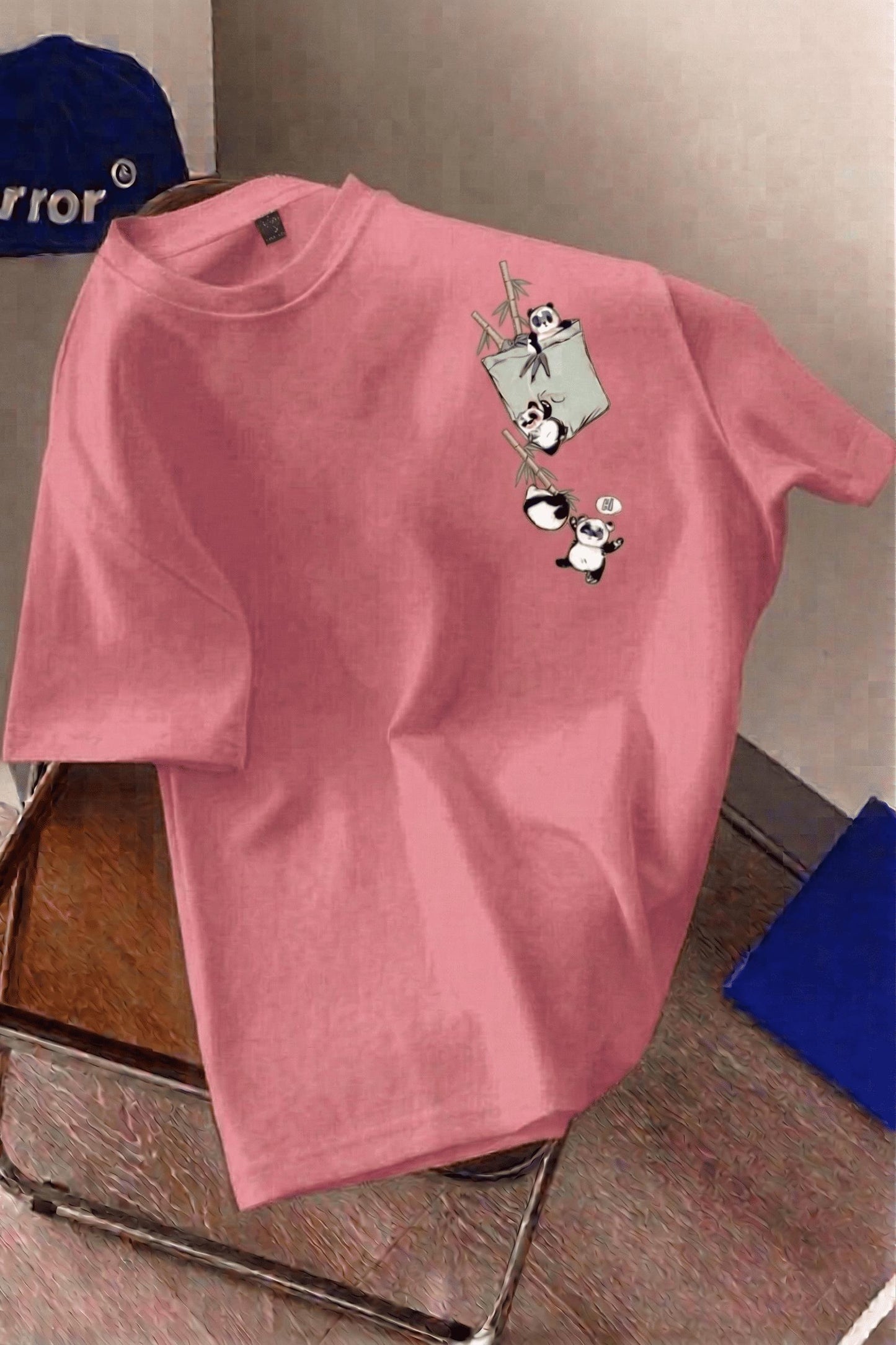 Bambu Panda Grafikli Cep Detaylı Kısa Kollu Oversize Unisex Bisiklet Yaka Tişört