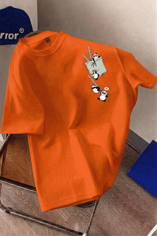 Bambu Panda Grafikli Cep Detaylı Kısa Kollu Oversize Unisex Bisiklet Yaka Tişört