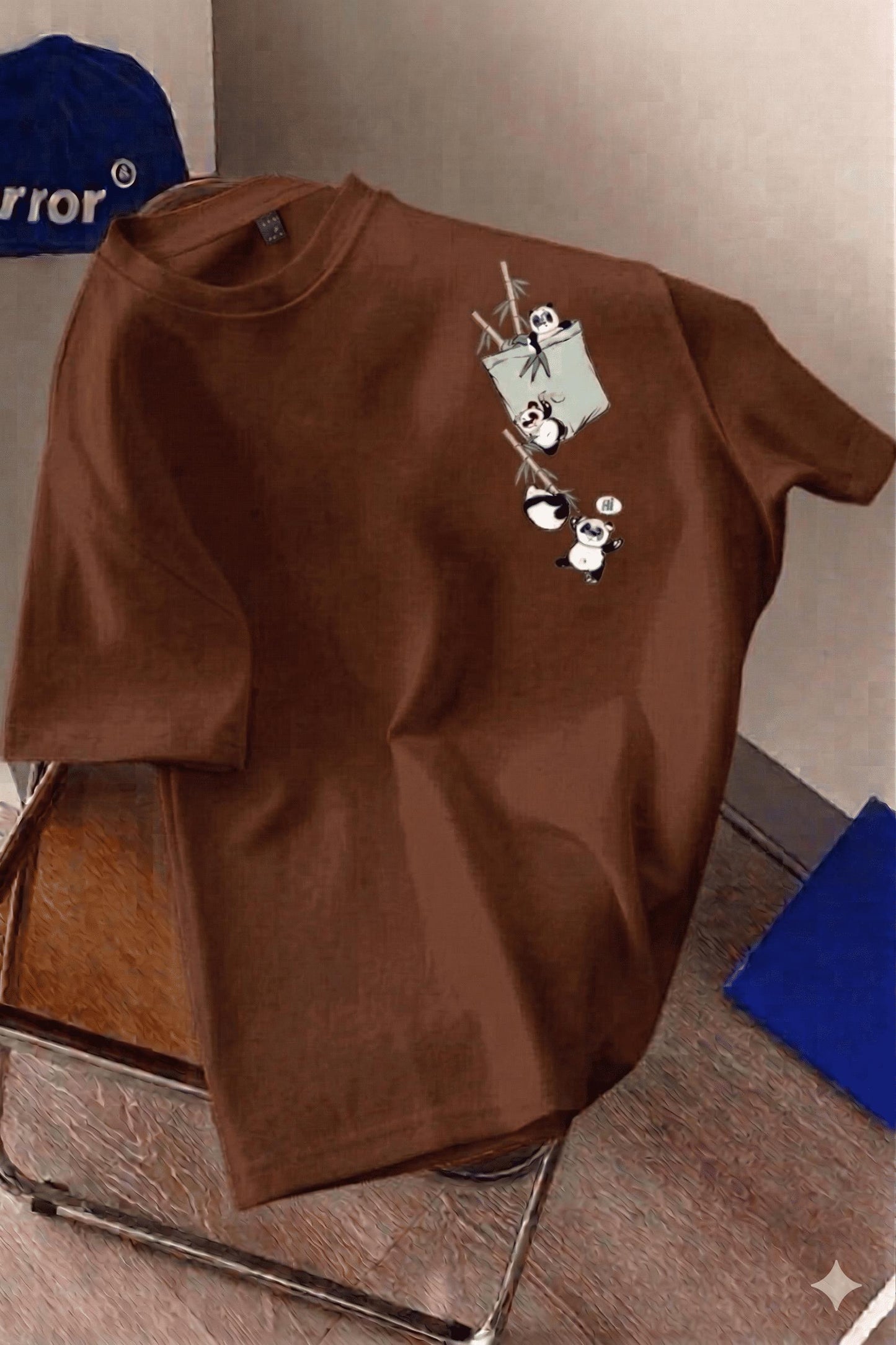 Bambu Panda Grafikli Cep Detaylı Kısa Kollu Oversize Unisex Bisiklet Yaka Tişört