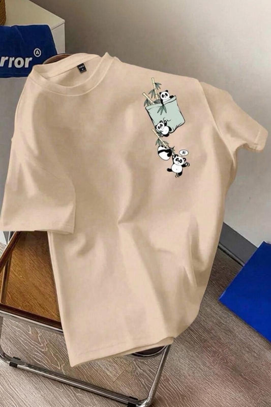 Bambu Panda Grafikli Cep Detaylı Kısa Kollu Oversize Unisex Bisiklet Yaka Tişört