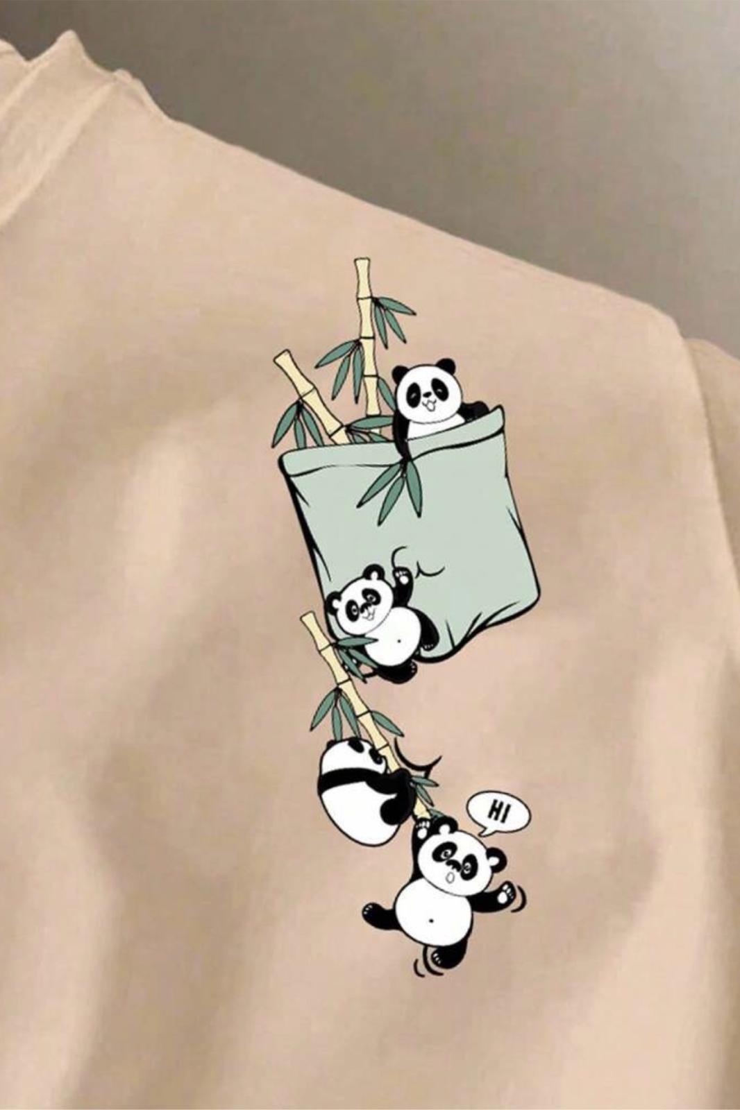 Bambu Panda Grafikli Cep Detaylı Kısa Kollu Oversize Unisex Bisiklet Yaka Tişört
