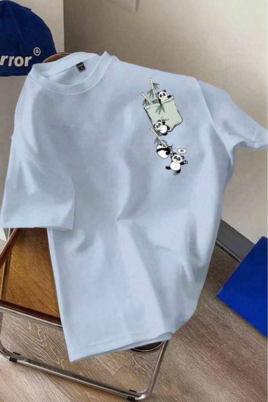 Bambu Panda Grafikli Cep Detaylı Kısa Kollu Oversize Unisex Bisiklet Yaka Tişört