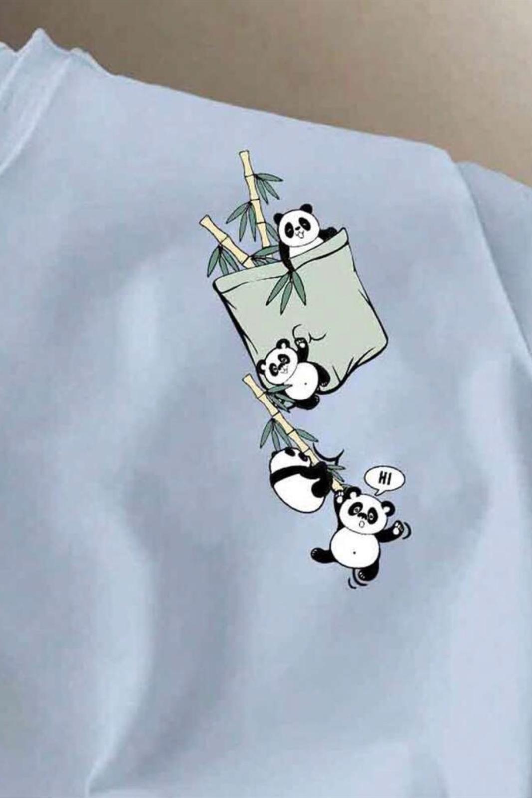 Bambu Panda Grafikli Cep Detaylı Kısa Kollu Oversize Unisex Bisiklet Yaka Tişört