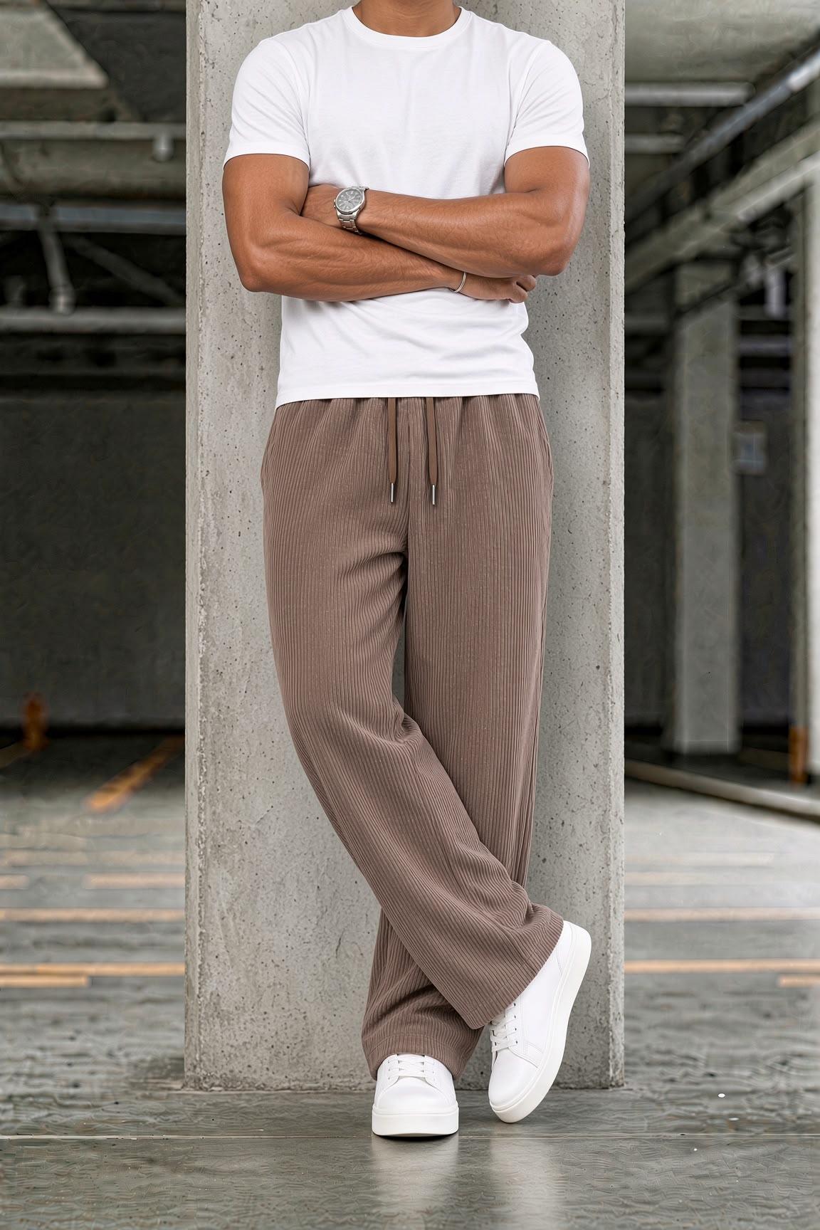 Barrys Erkek Wide Leg Fitilli Kadife Pantolon – Rahat Kalıp Dökümlü Beli Lastikli Pantolon