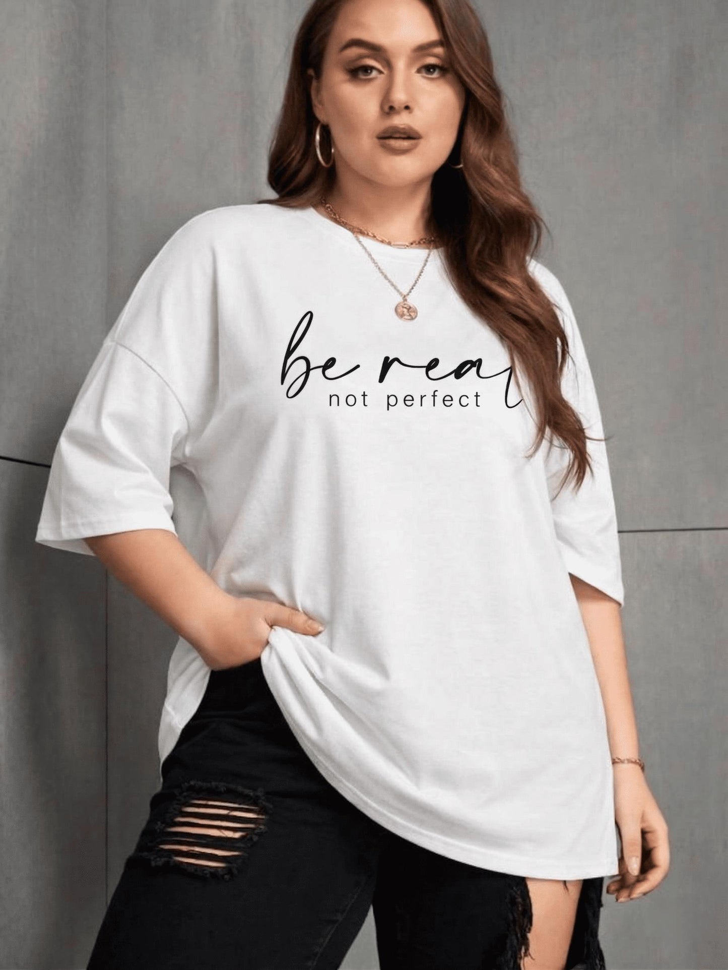 Be Real Kadın Büyük Beden Battal Baskılı Bisiklet Yaka Pamuklu T-Shirt Rahat Kesim Unisex Sevgili Kombini