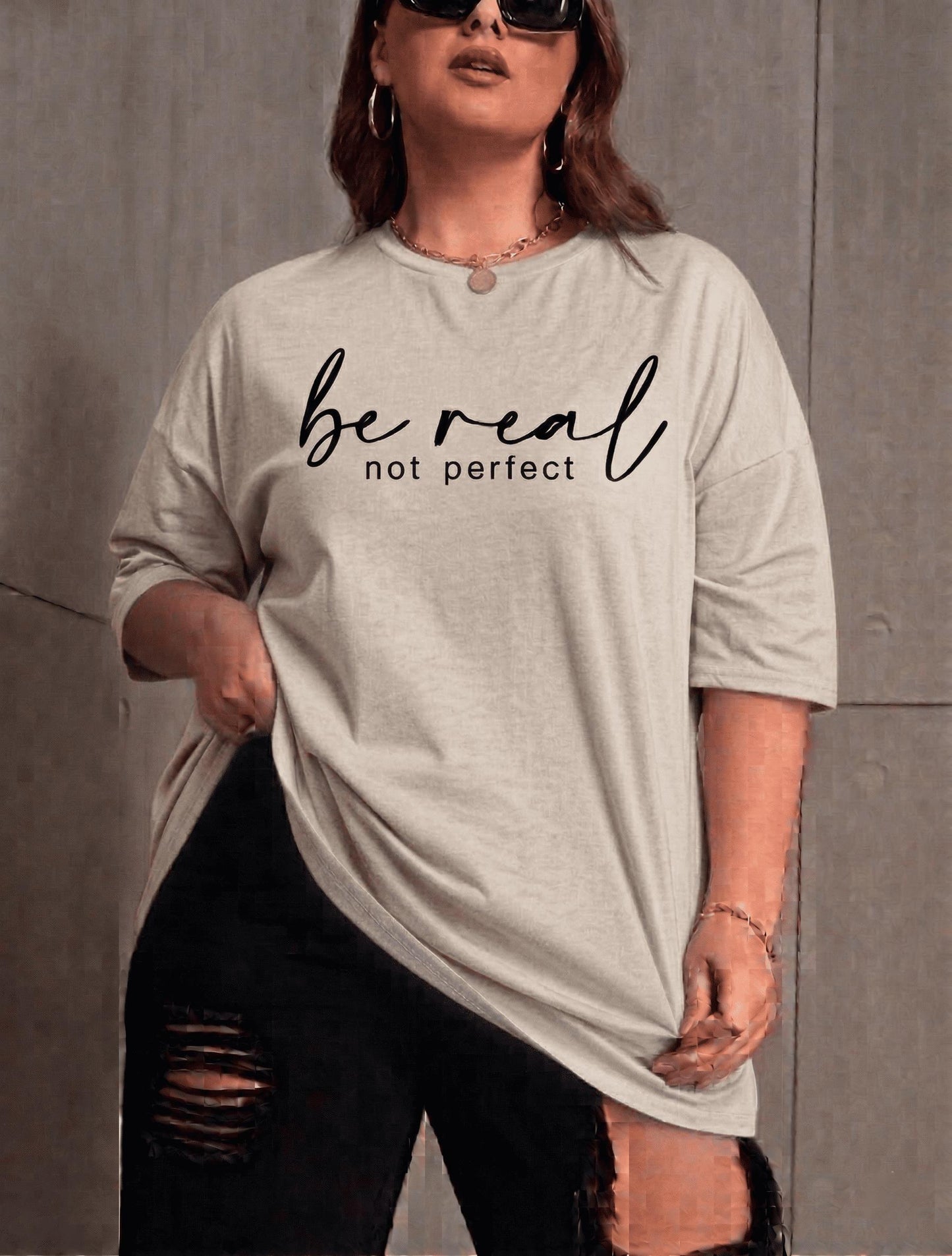 Be Real Kadın Büyük Beden Battal Baskılı Bisiklet Yaka Pamuklu T-Shirt Rahat Kesim Unisex Sevgili Kombini