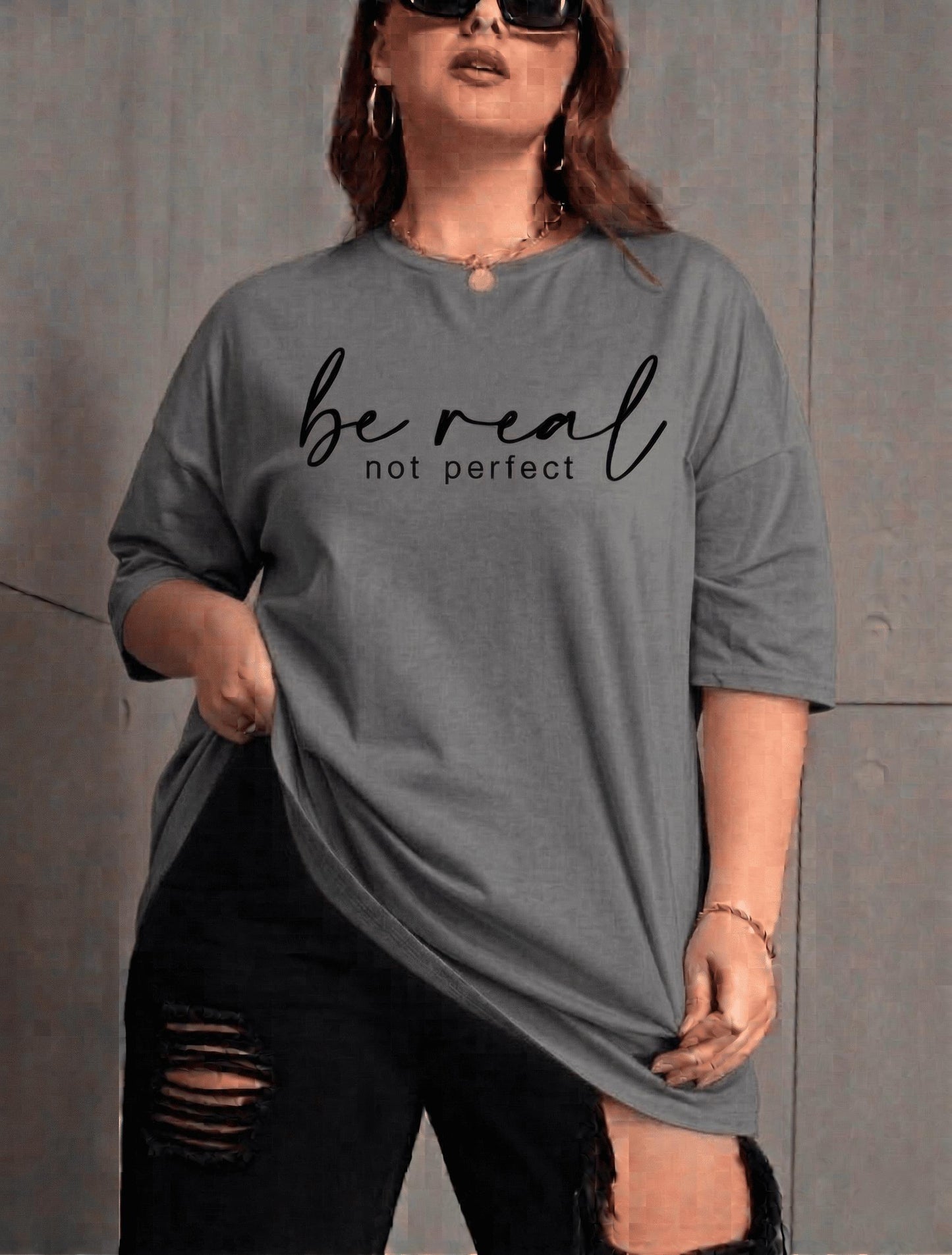 Be Real Kadın Büyük Beden Battal Baskılı Bisiklet Yaka Pamuklu T-Shirt Rahat Kesim Unisex Sevgili Kombini