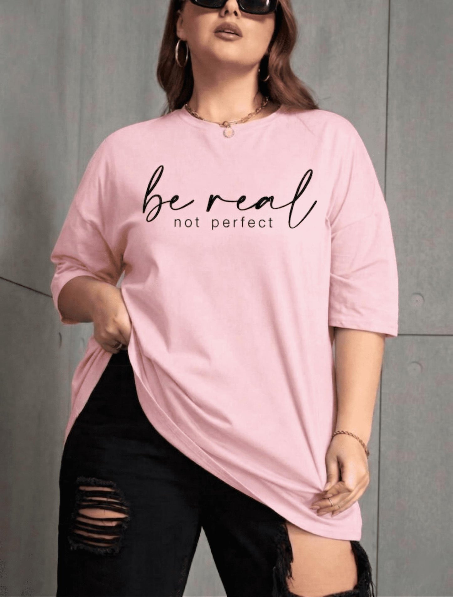 Be Real Kadın Büyük Beden Battal Baskılı Bisiklet Yaka Pamuklu T-Shirt Rahat Kesim Unisex Sevgili Kombini