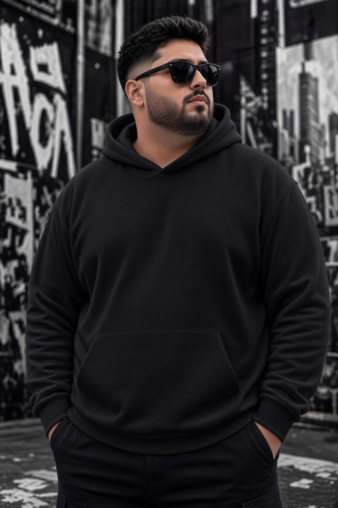 Bery Büyük Beden Erkek Kapüşonlu Basic Sweatshirt İki İplik Şardonlu Kanguru Cepli