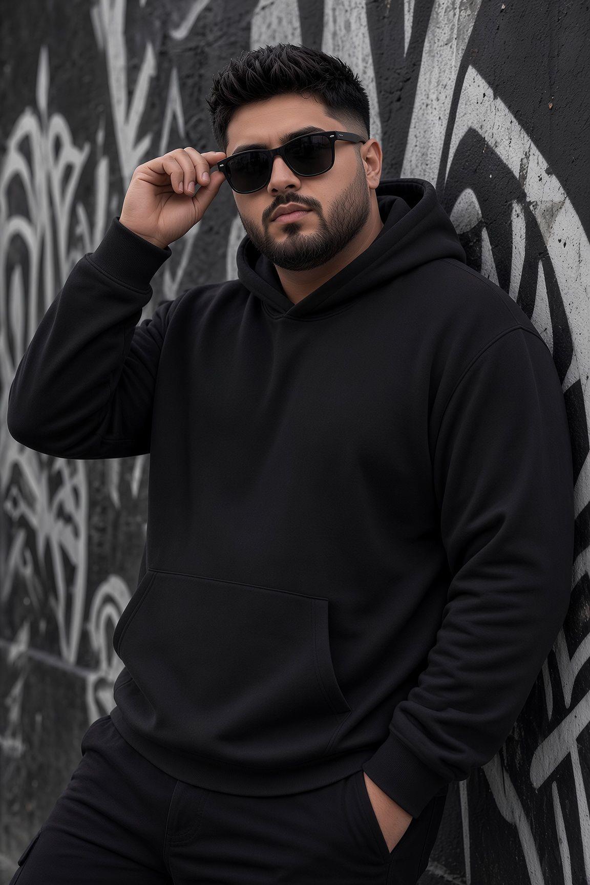 Bery Büyük Beden Erkek Kapüşonlu Basic Sweatshirt İki İplik Şardonlu Kanguru Cepli