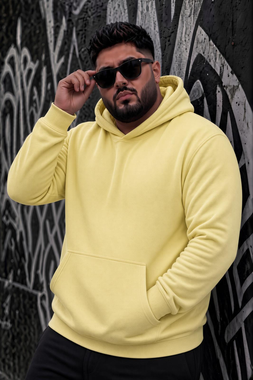 Bery Büyük Beden Erkek Kapüşonlu Basic Sweatshirt İki İplik Şardonlu Kanguru Cepli