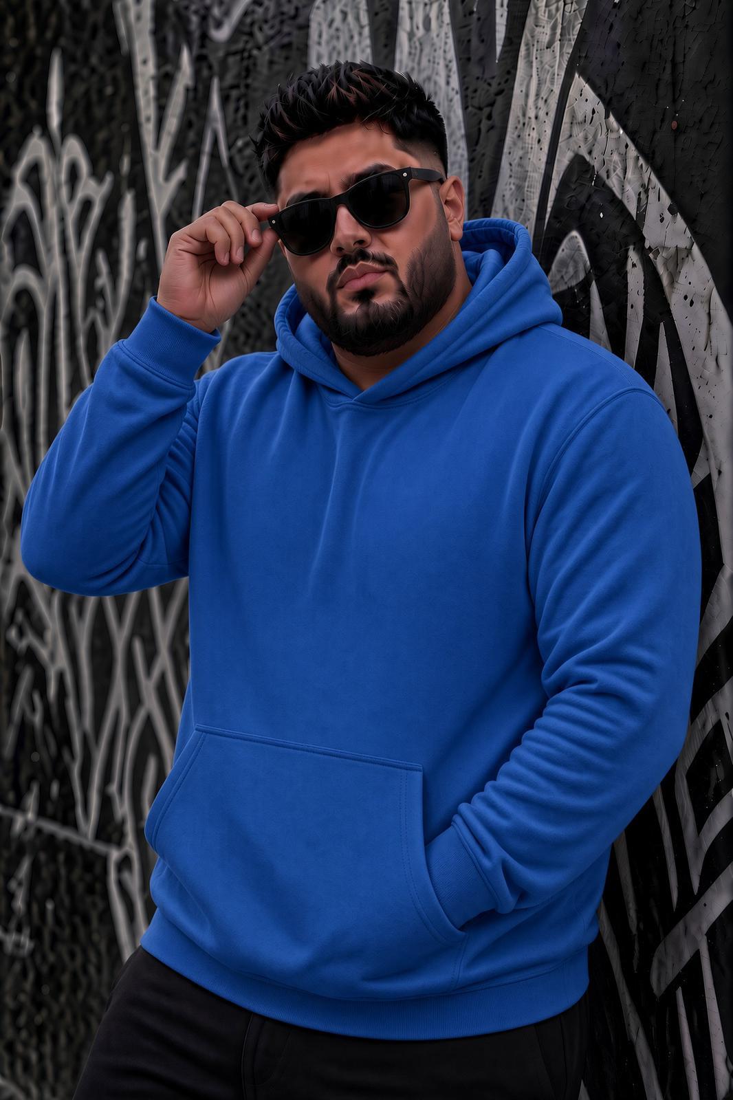 Bery Büyük Beden Erkek Kapüşonlu Basic Sweatshirt İki İplik Şardonlu Kanguru Cepli
