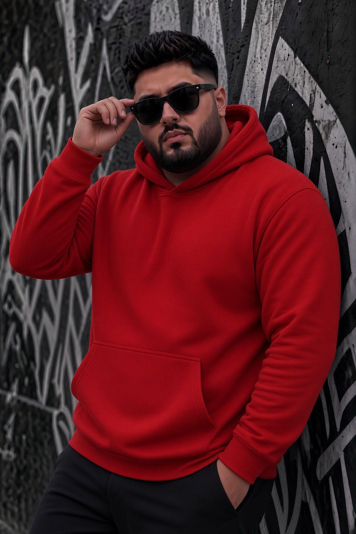 Bery Büyük Beden Erkek Kapüşonlu Basic Sweatshirt İki İplik Şardonlu Kanguru Cepli