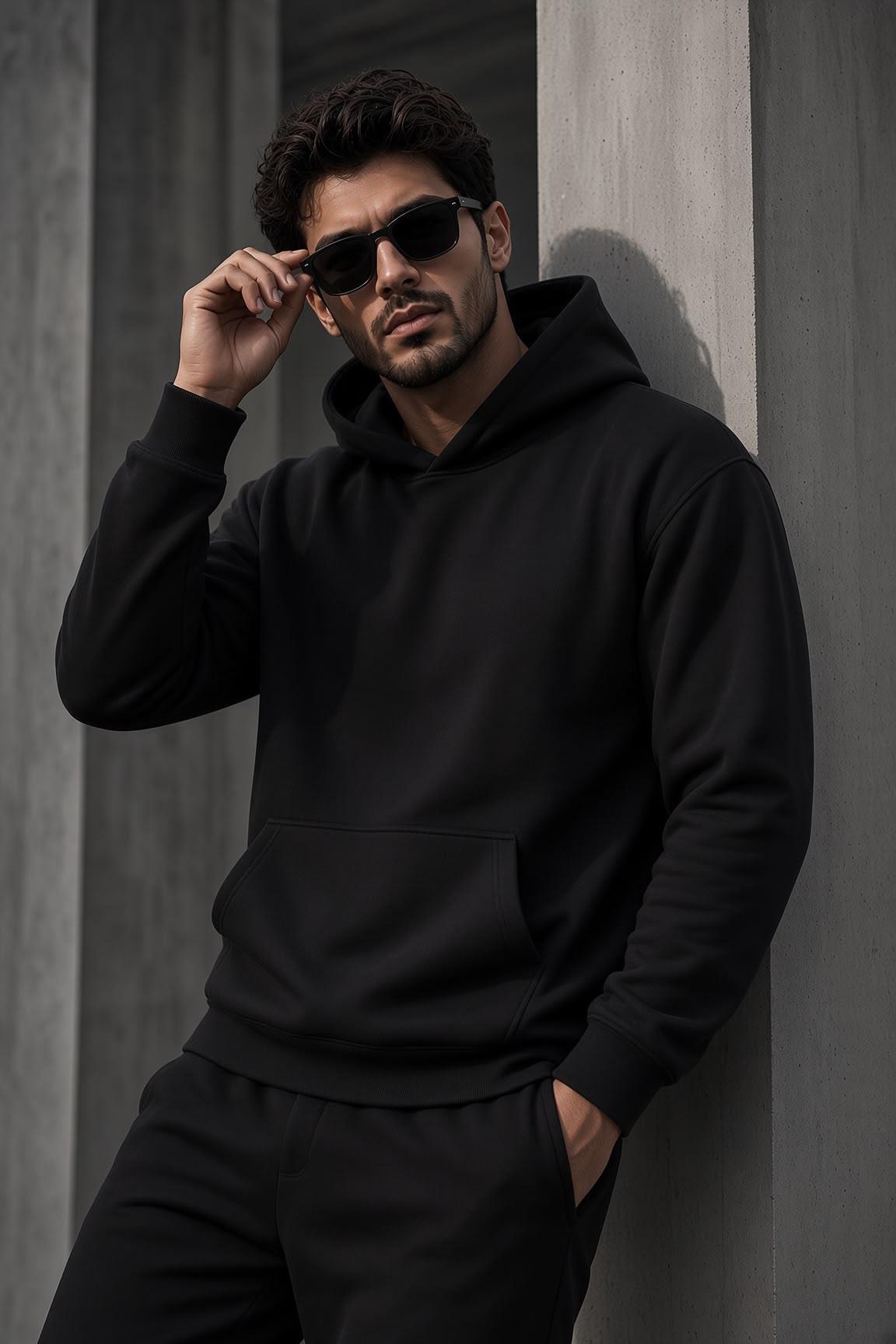 Bery Erkek İki İplik Şardonlu Kapüşonlu Basic Sweatshirt | Kanguru Cepli Düz Renk Günlük Hoodie
