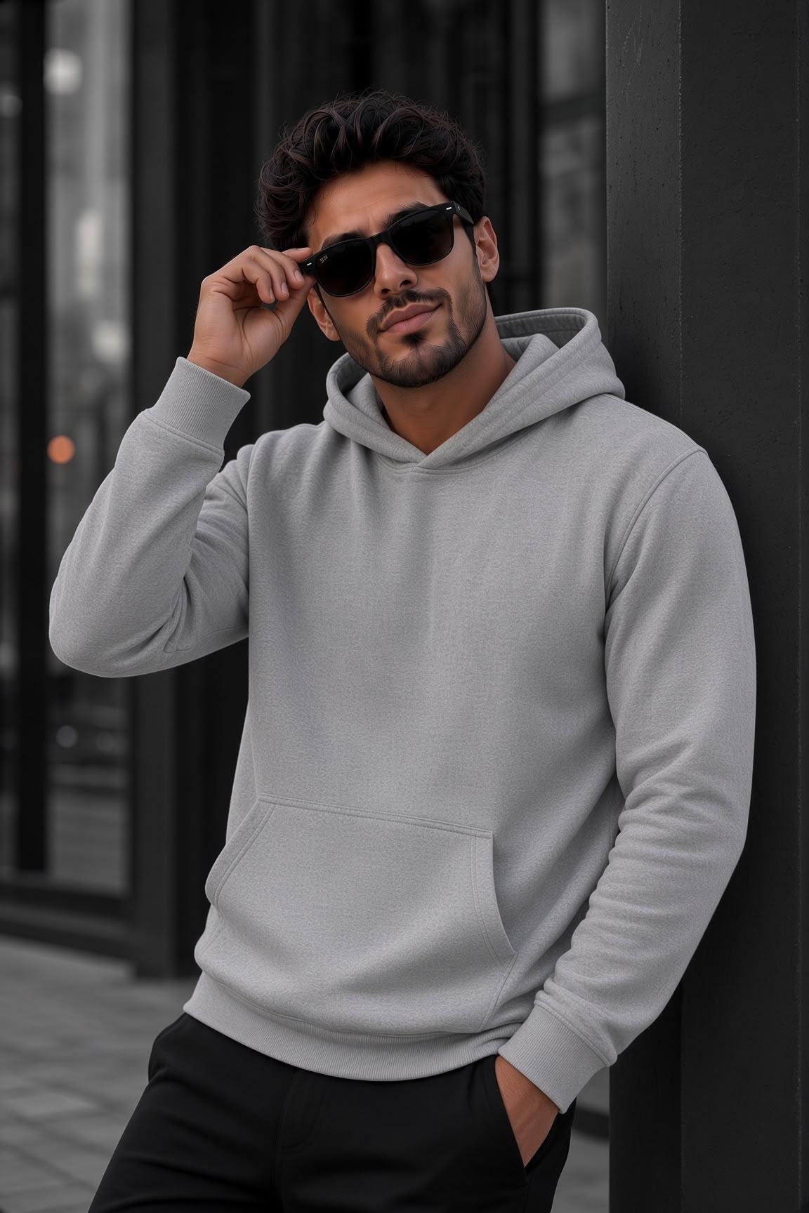 Bery Erkek İki İplik Şardonlu Kapüşonlu Basic Sweatshirt | Kanguru Cepli Düz Renk Günlük Hoodie