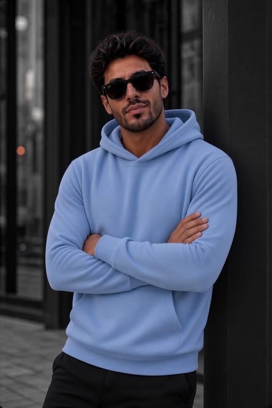 Bery Erkek İki İplik Şardonlu Kapüşonlu Basic Sweatshirt | Kanguru Cepli Düz Renk Günlük Hoodie