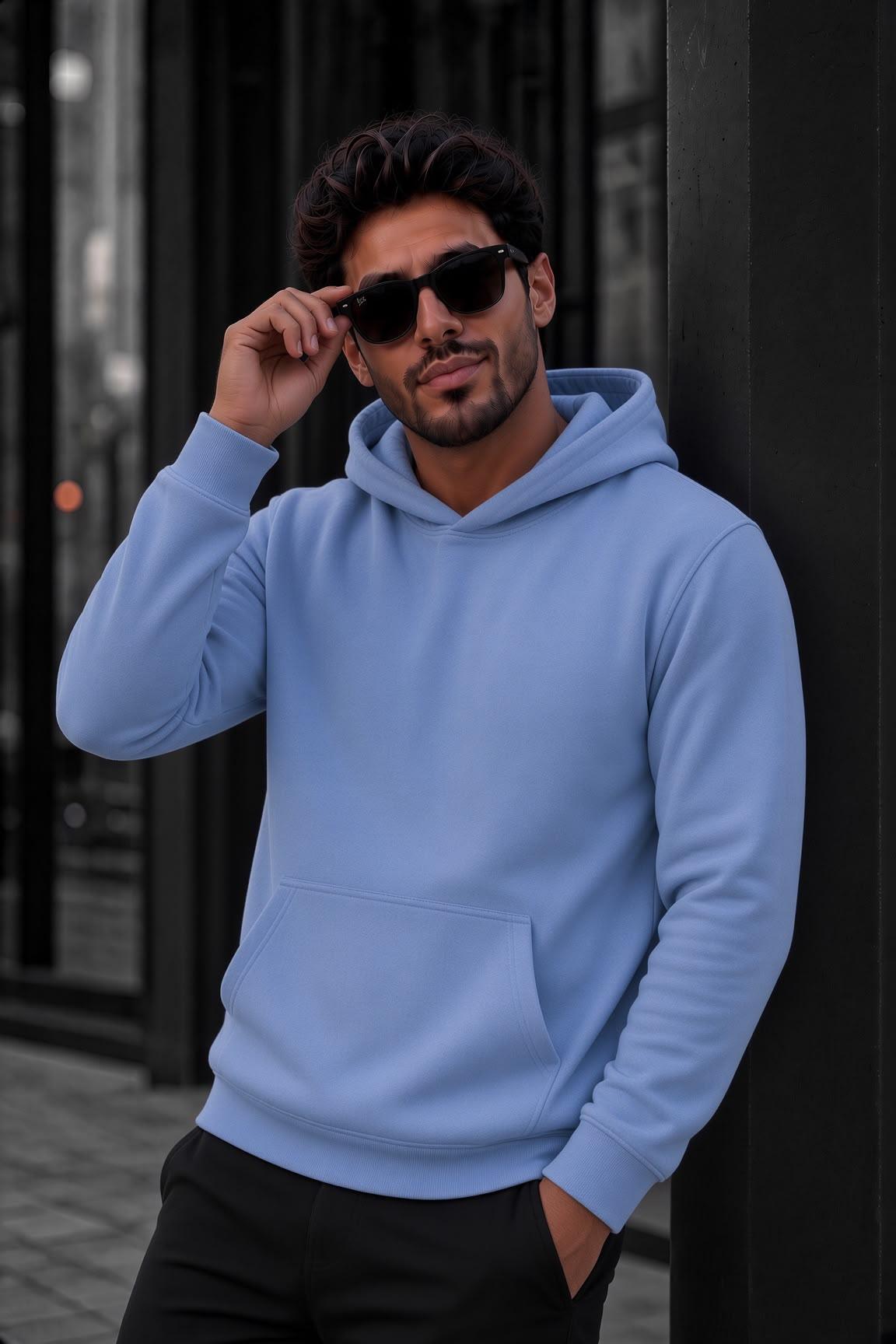 Bery Erkek İki İplik Şardonlu Kapüşonlu Basic Sweatshirt | Kanguru Cepli Düz Renk Günlük Hoodie