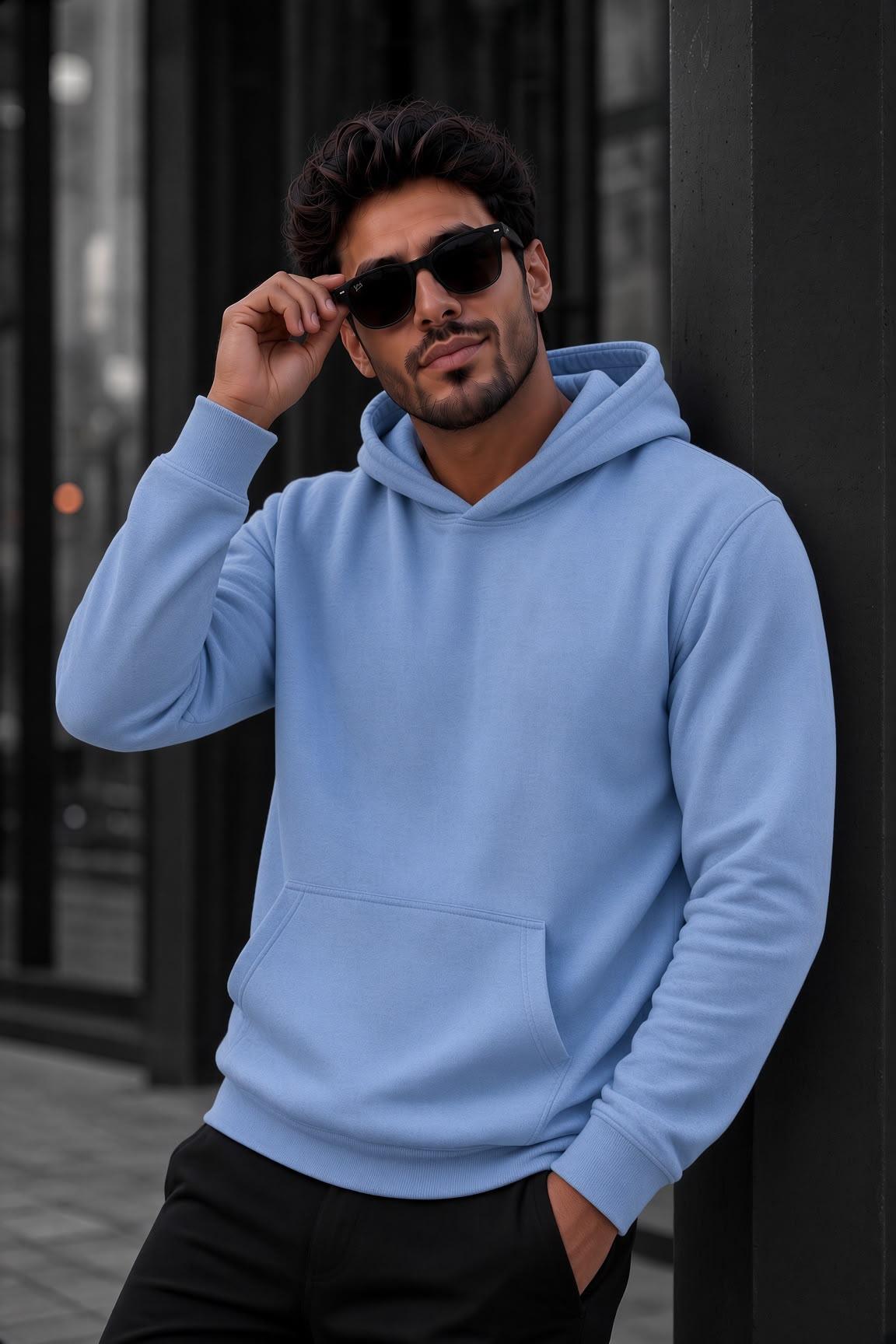 Bery Erkek İki İplik Şardonlu Kapüşonlu Basic Sweatshirt | Kanguru Cepli Düz Renk Günlük Hoodie