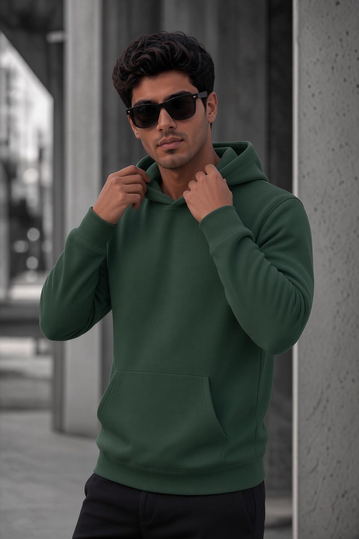 Bery Erkek İki İplik Şardonlu Kapüşonlu Basic Sweatshirt | Kanguru Cepli Düz Renk Günlük Hoodie