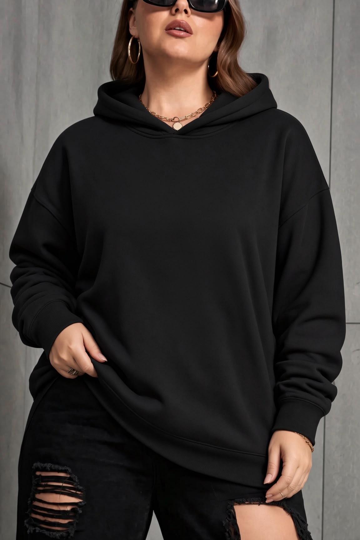 Bery Kadın Büyük Beden Battal Basic Kapüşonlu İki İplik Pamuklu Sweatshirt Rahat Kesim Unisex Sevgili Kombini
