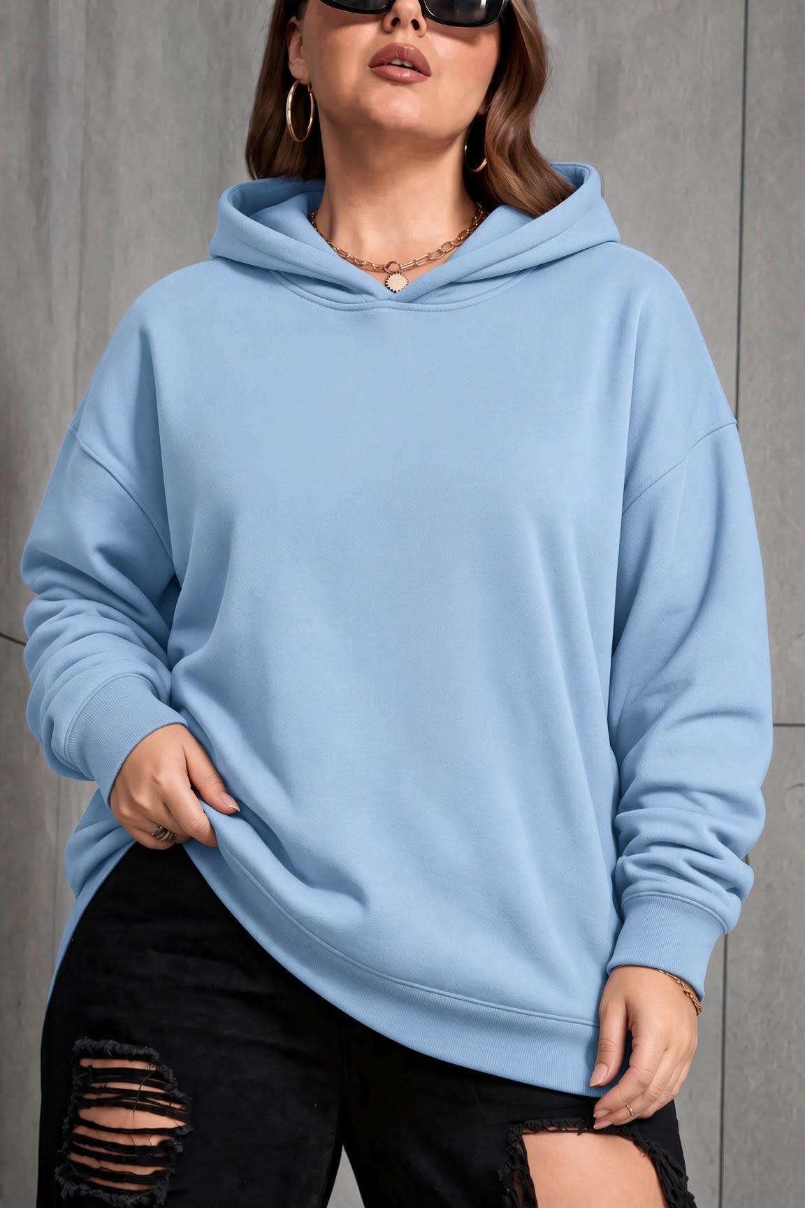 Bery Kadın Büyük Beden Battal Basic Kapüşonlu İki İplik Pamuklu Sweatshirt Rahat Kesim Unisex Sevgili Kombini