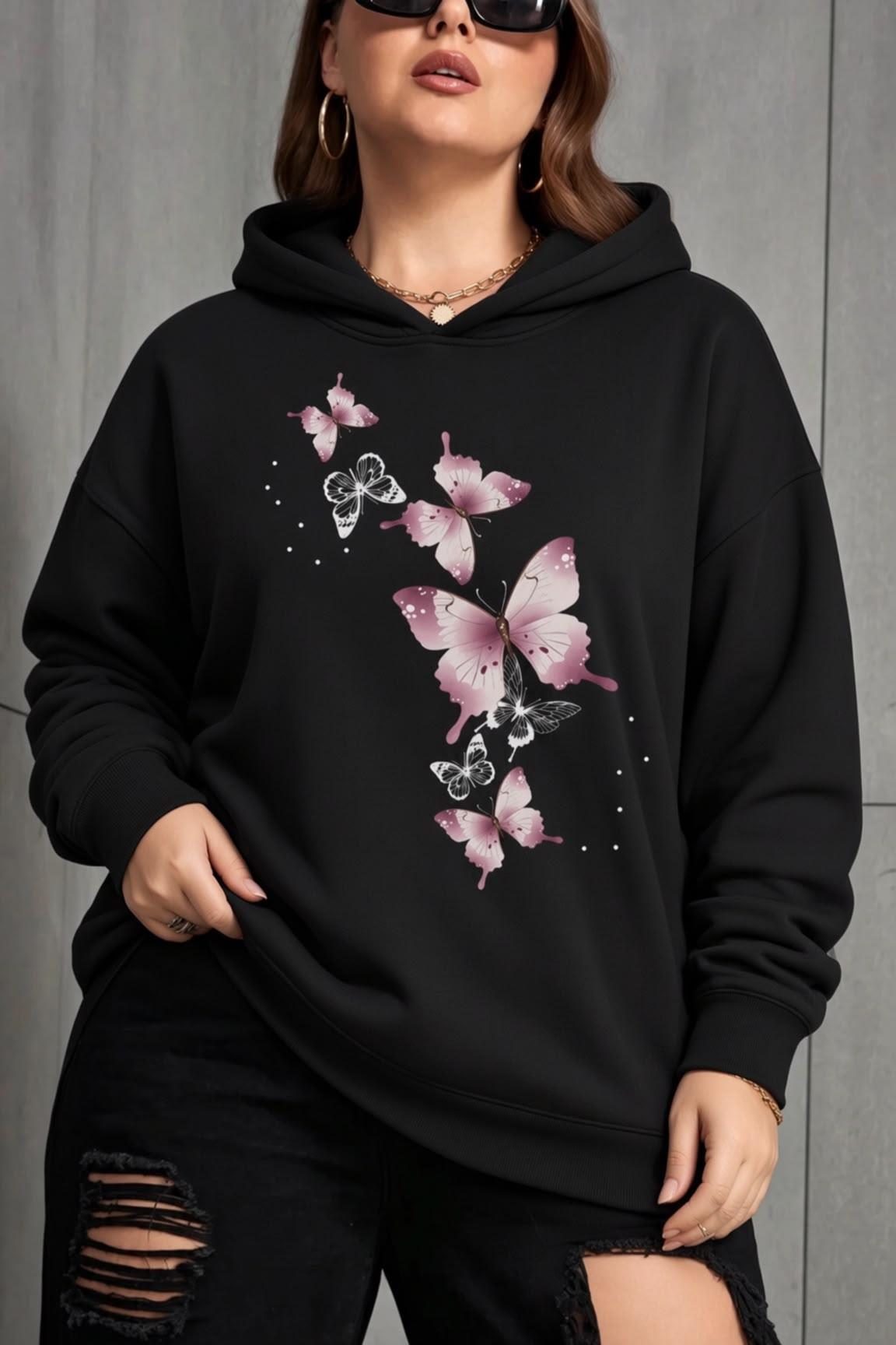 Sw Kelebek Baskılı Kadın Büyük Beden Battal Kapüşonlu İki İplik Pamuklu Sweatshirt Rahat Kesim