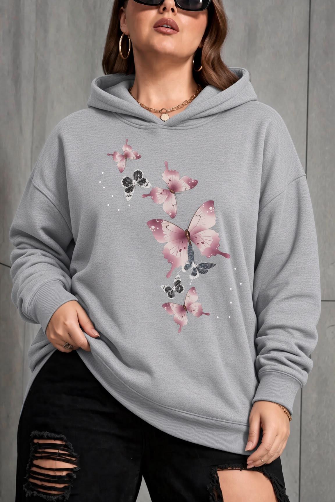 Sw Kelebek Baskılı Kadın Büyük Beden Battal Kapüşonlu İki İplik Pamuklu Sweatshirt Rahat Kesim