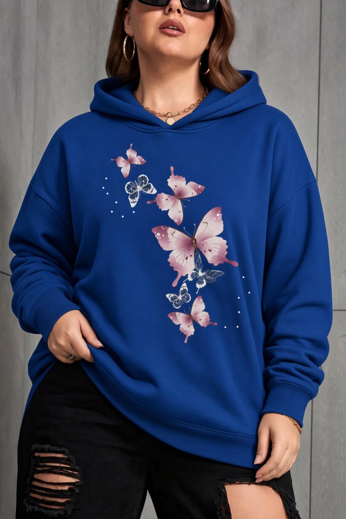 Sw Kelebek Baskılı Kadın Büyük Beden Battal Kapüşonlu İki İplik Pamuklu Sweatshirt Rahat Kesim