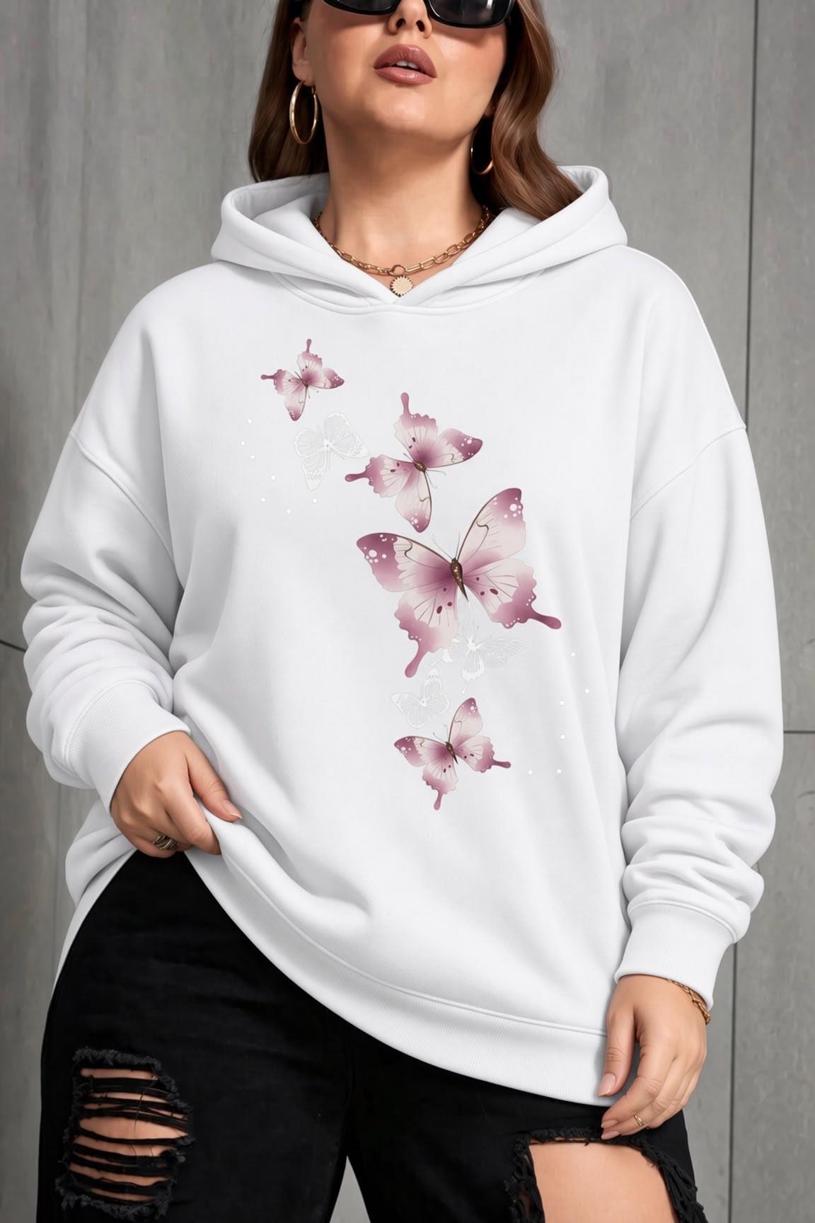 Sw Kelebek Baskılı Kadın Büyük Beden Battal Kapüşonlu İki İplik Pamuklu Sweatshirt Rahat Kesim