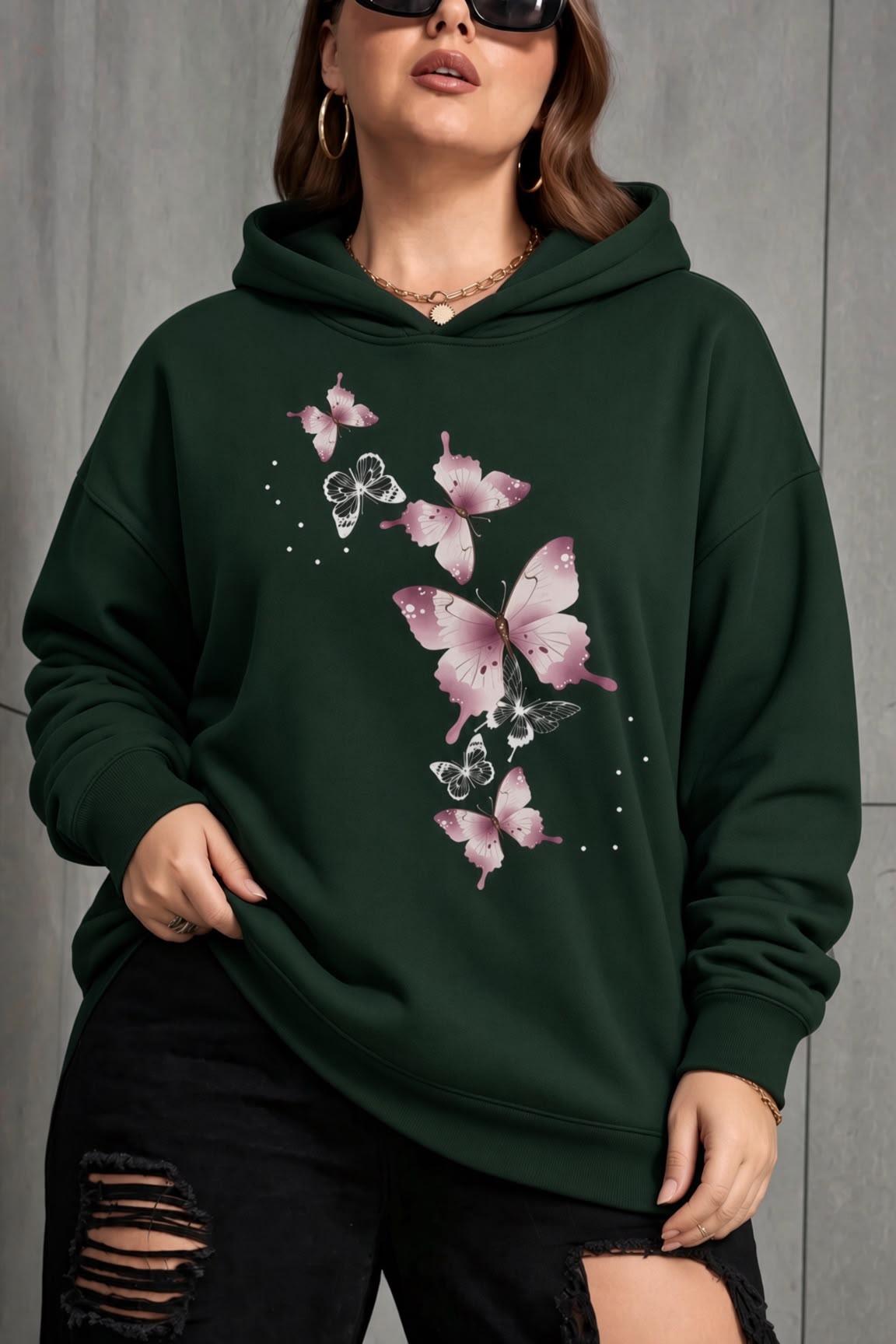 Sw Kelebek Baskılı Kadın Büyük Beden Battal Kapüşonlu İki İplik Pamuklu Sweatshirt Rahat Kesim