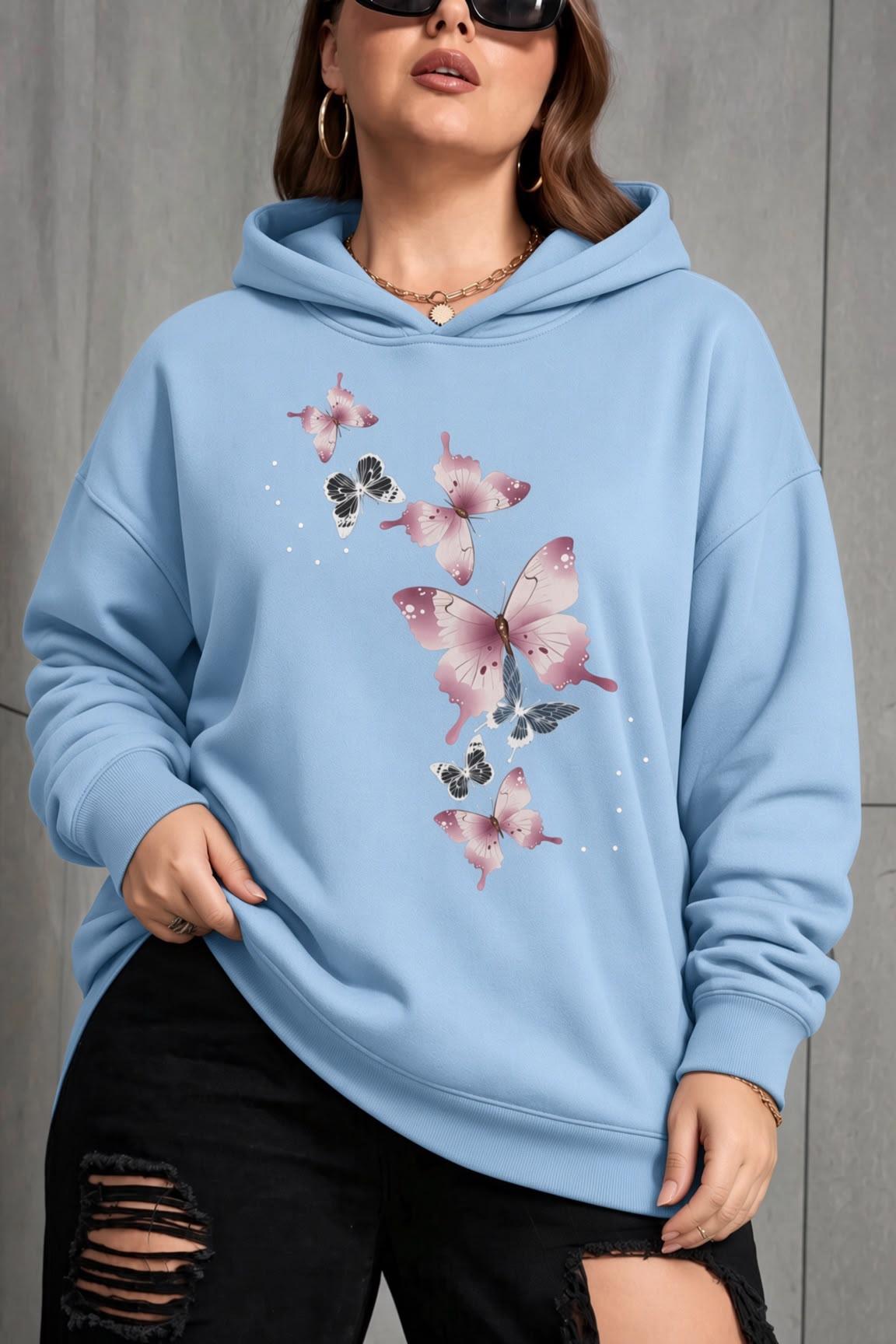 Sw Kelebek Baskılı Kadın Büyük Beden Battal Kapüşonlu İki İplik Pamuklu Sweatshirt Rahat Kesim