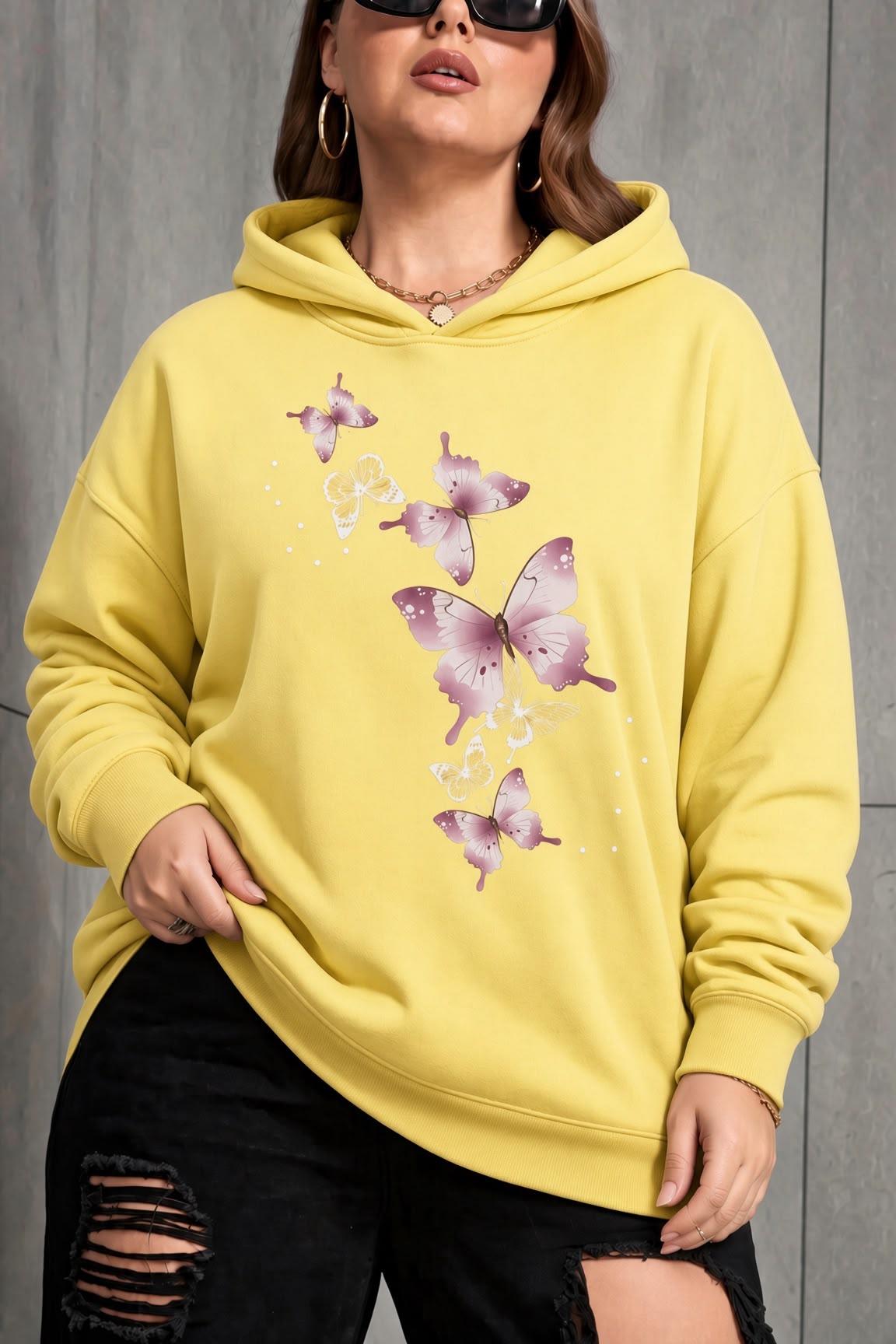 Sw Kelebek Baskılı Kadın Büyük Beden Battal Kapüşonlu İki İplik Pamuklu Sweatshirt Rahat Kesim