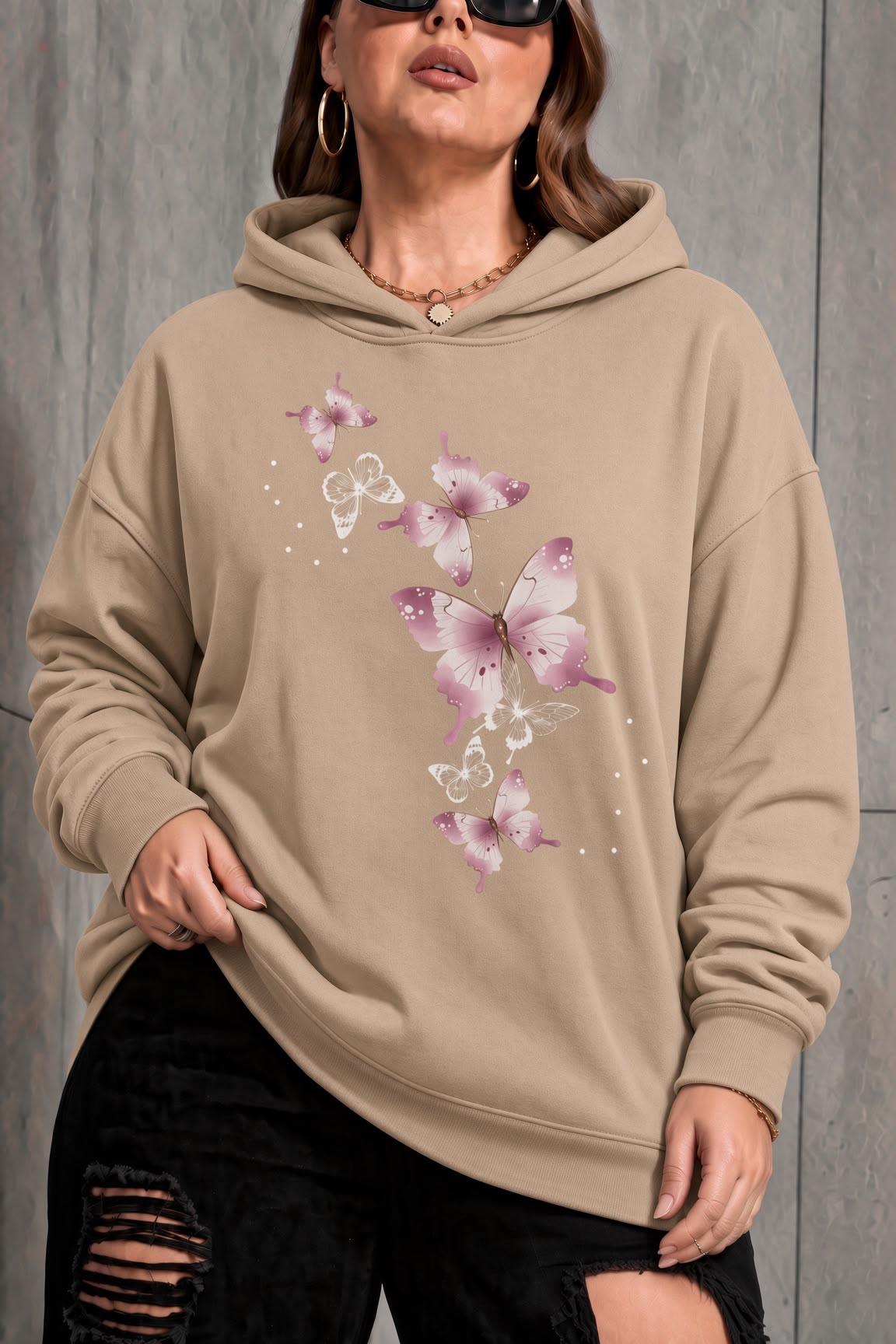 Sw Kelebek Baskılı Kadın Büyük Beden Battal Kapüşonlu İki İplik Pamuklu Sweatshirt Rahat Kesim
