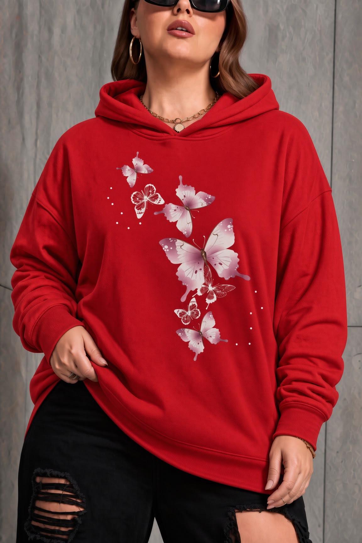 Sw Kelebek Baskılı Kadın Büyük Beden Battal Kapüşonlu İki İplik Pamuklu Sweatshirt Rahat Kesim