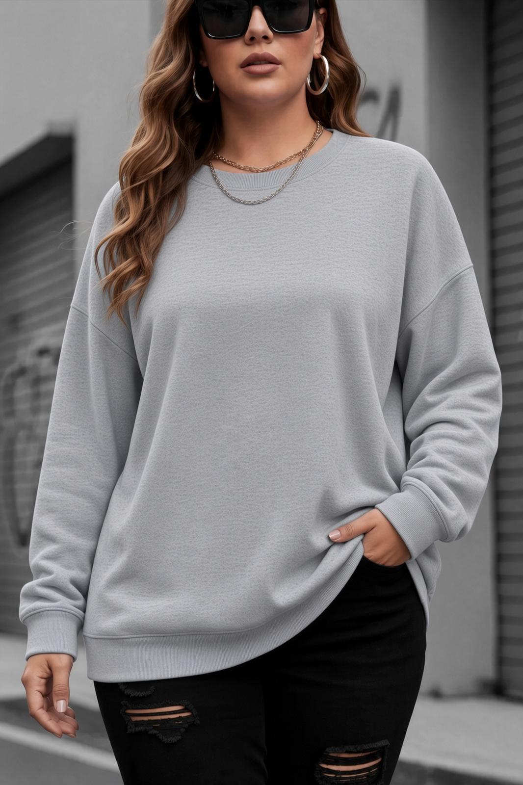 Uly Kadın Büyük Beden Battal Basic Bisiklet Yaka İki İplik Pamuklu Sweatshirt Rahat Kesim Unisex Sevgili Kombini