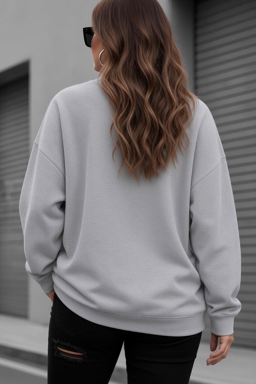Uly Kadın Büyük Beden Battal Basic Bisiklet Yaka İki İplik Pamuklu Sweatshirt Rahat Kesim Unisex Sevgili Kombini